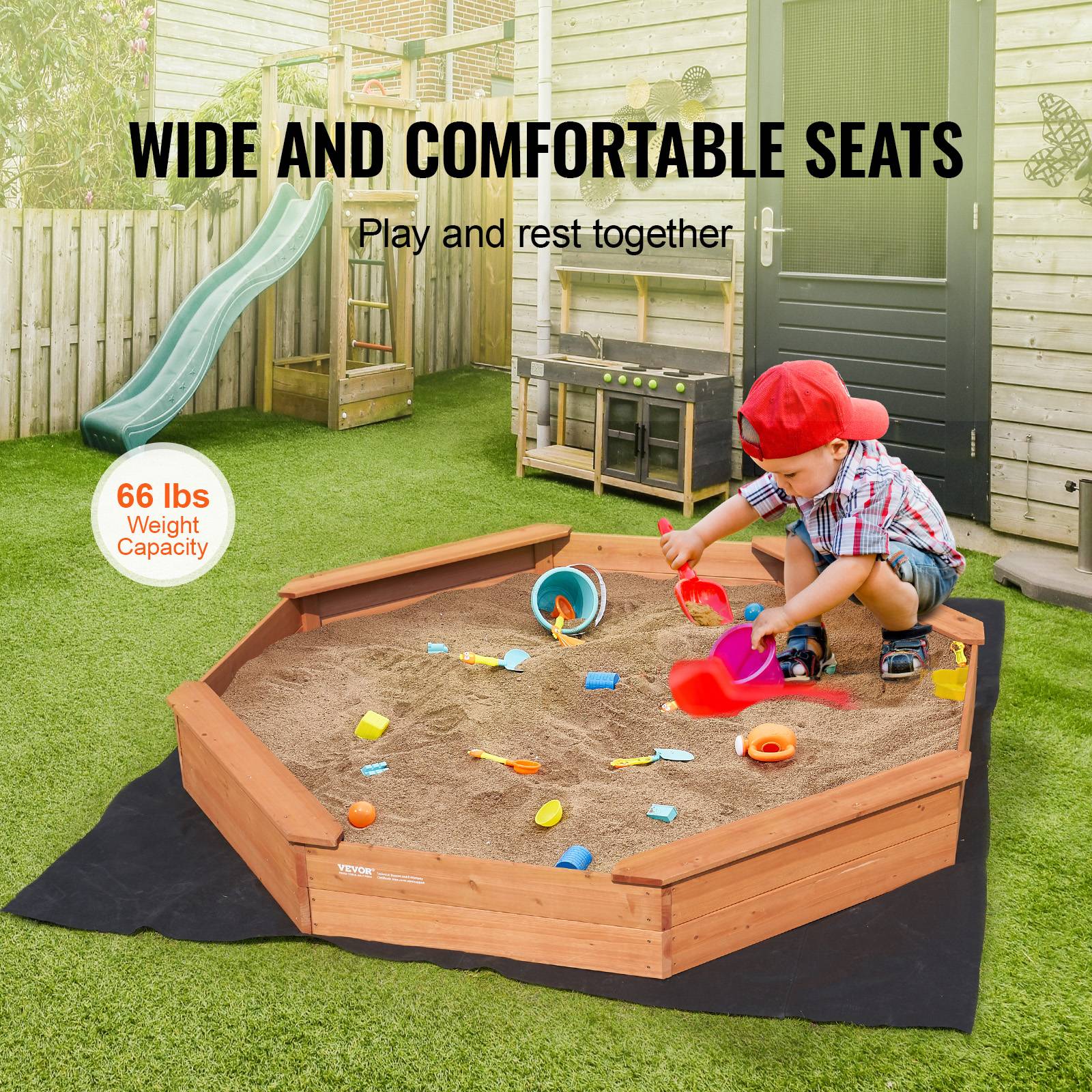 VEVOR Bac sable bois couvercle, octogonal 192x192x23 cm. 4 sièges, doublure, pour jardin, 3-12 ans. - Image 5