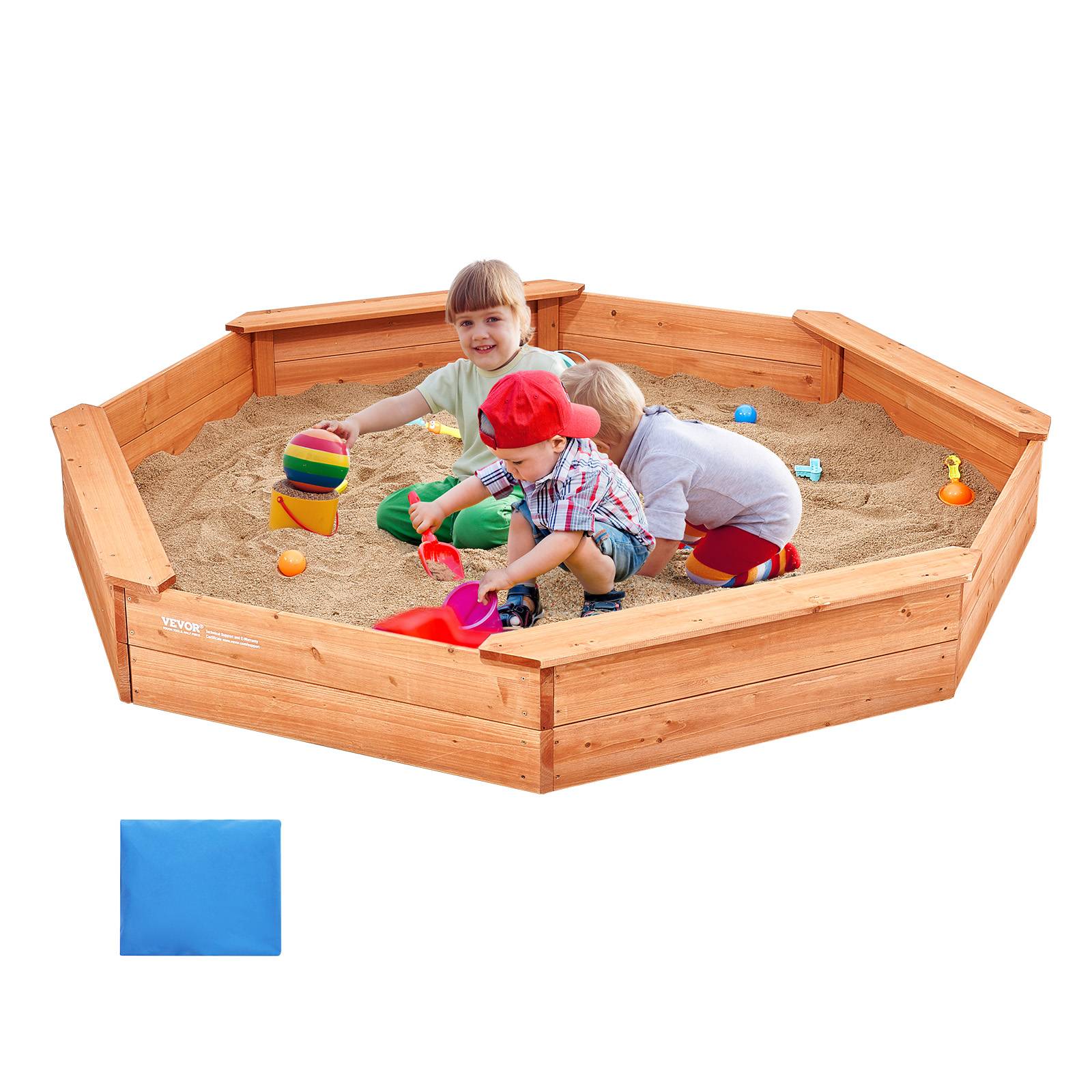 VEVOR Bac sable bois couvercle, octogonal 192x192x23 cm. 4 sièges, doublure, pour jardin, 3-12 ans. - Image 1