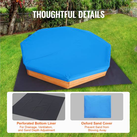 VEVOR Bac sable bois couvercle, octogonal 192x192x23 cm. 4 sièges, doublure, pour jardin, 3-12 ans. - Image 6