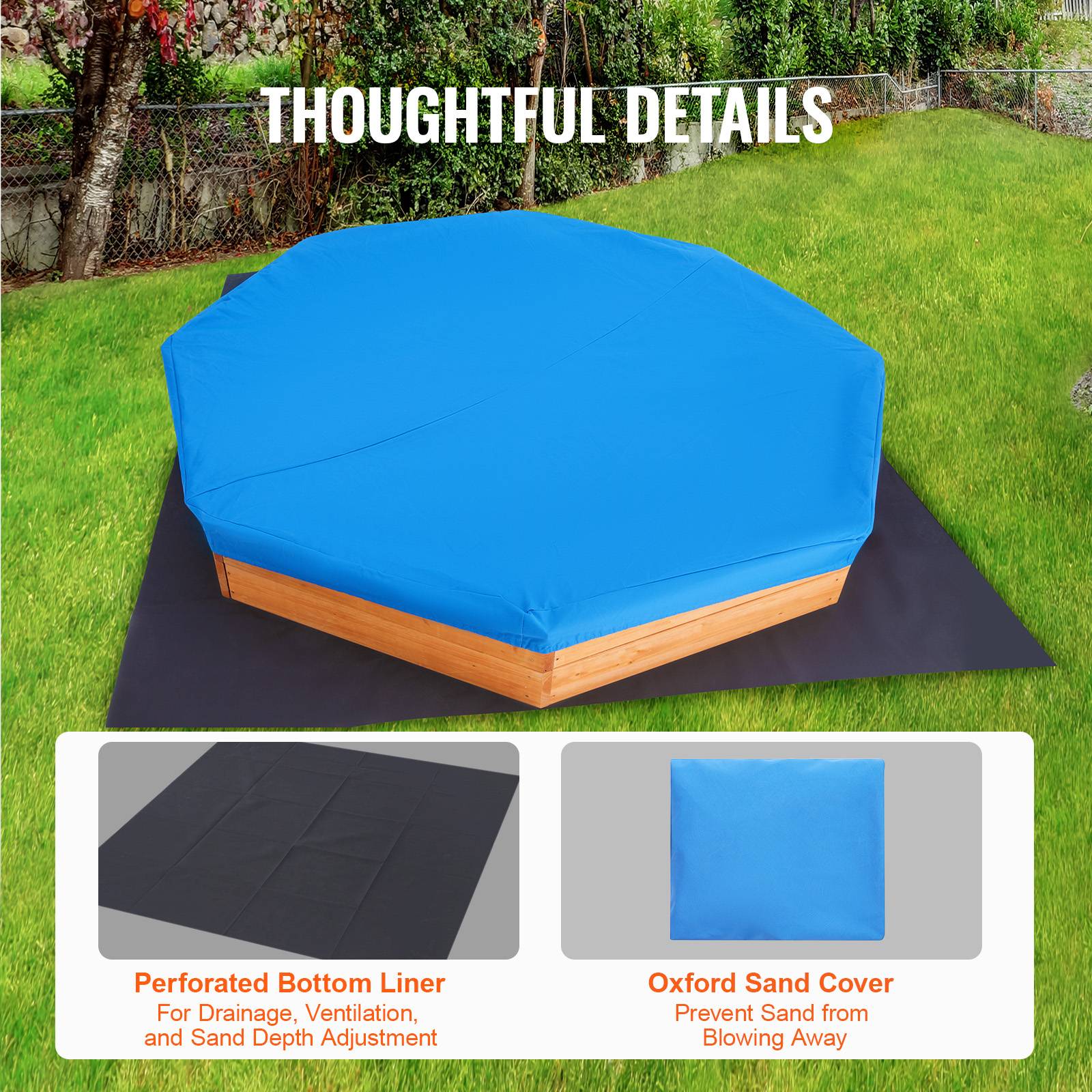 VEVOR Bac sable bois couvercle, octogonal 192x192x23 cm. 4 sièges, doublure, pour jardin, 3-12 ans. - Image 6