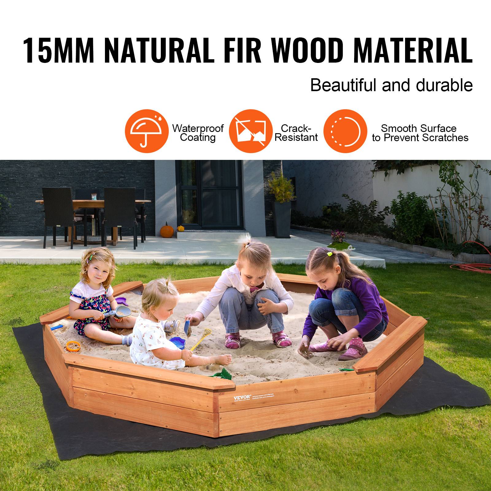 VEVOR Bac sable bois couvercle, octogonal 192x192x23 cm. 4 sièges, doublure, pour jardin, 3-12 ans. - Image 3