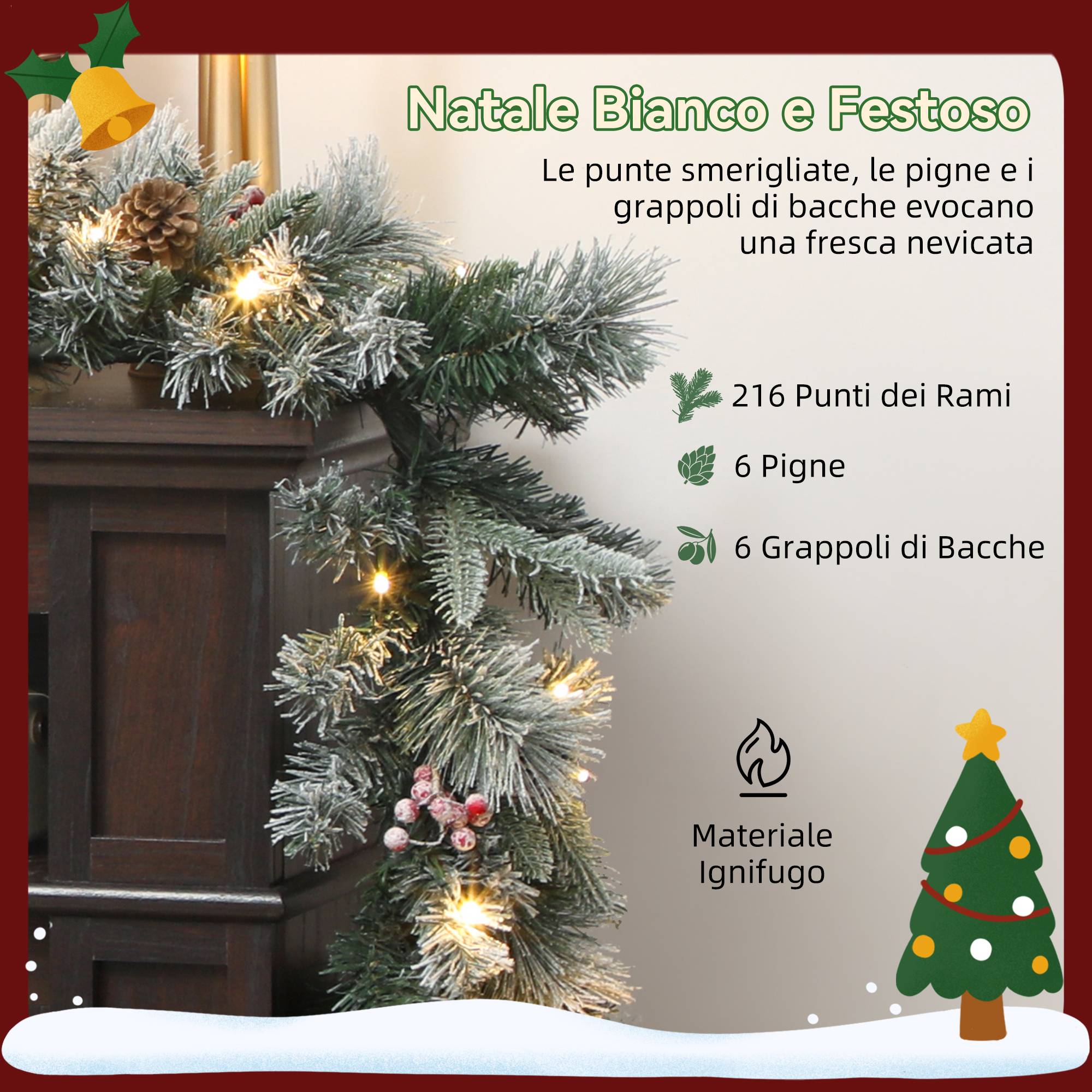 Sans Marque - Guirlande de Noël Ø25x180 cm avec 50 lumières LED, baies et pommes de pin, en plastique et métal, verte et blanche - Image 8
