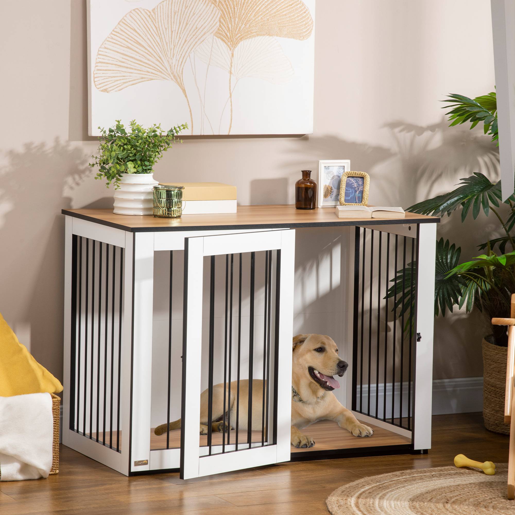 Caisse pour grand chien intérieur,106x60x76cm chêne et blanc - Image 3