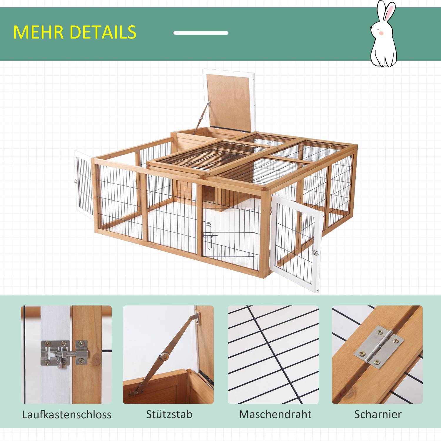Enclos Lapin Extérieur Bois Sapin Jardin Toit Bitumé Ouvrant 123x120cm Naturel - ComfortXL Pet Living - Image 6