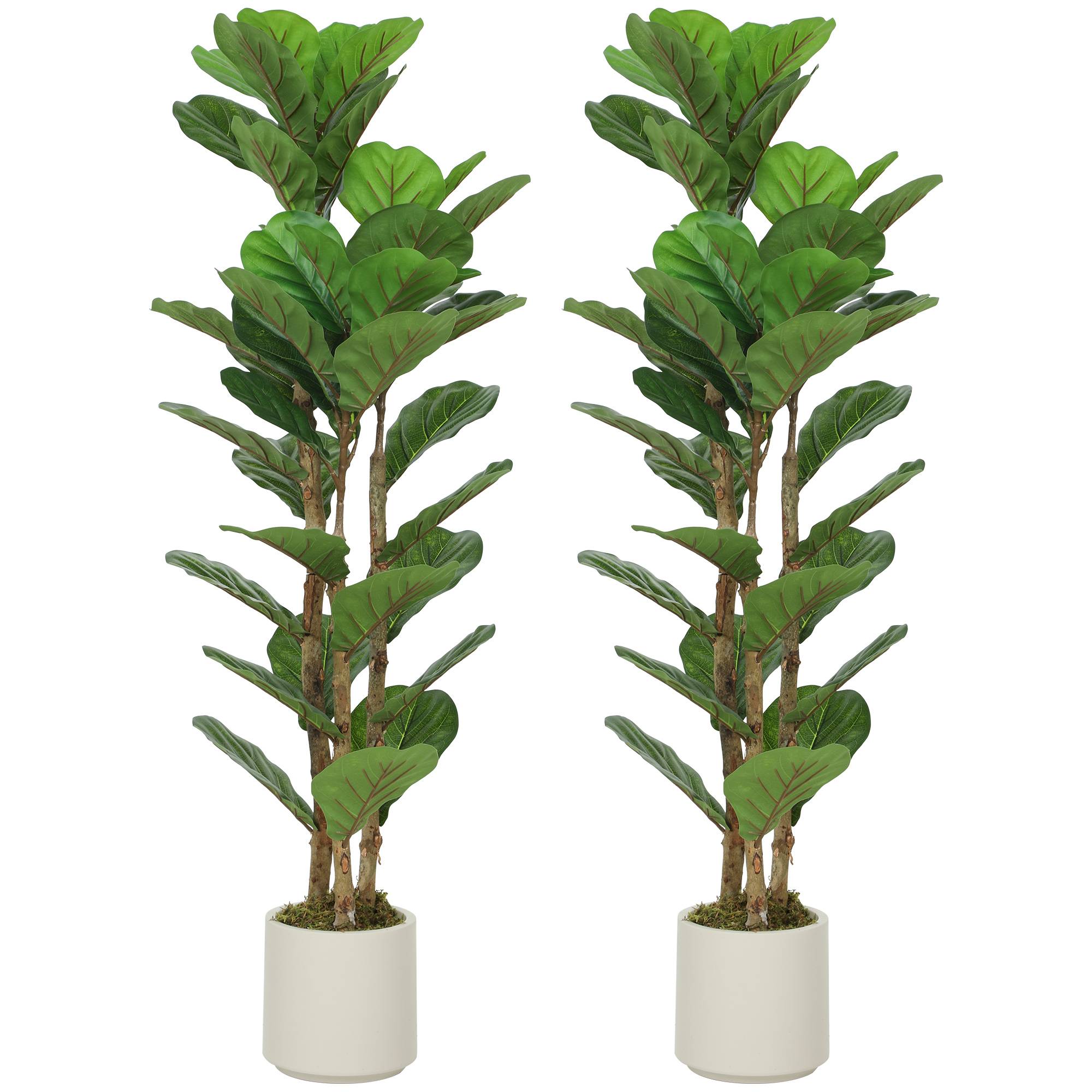 Lot de 2 plantes artificielles 120 cm Figuier lyre arbre artificiel avec pot en plastique et tronc en bois massif, vert - Image 1