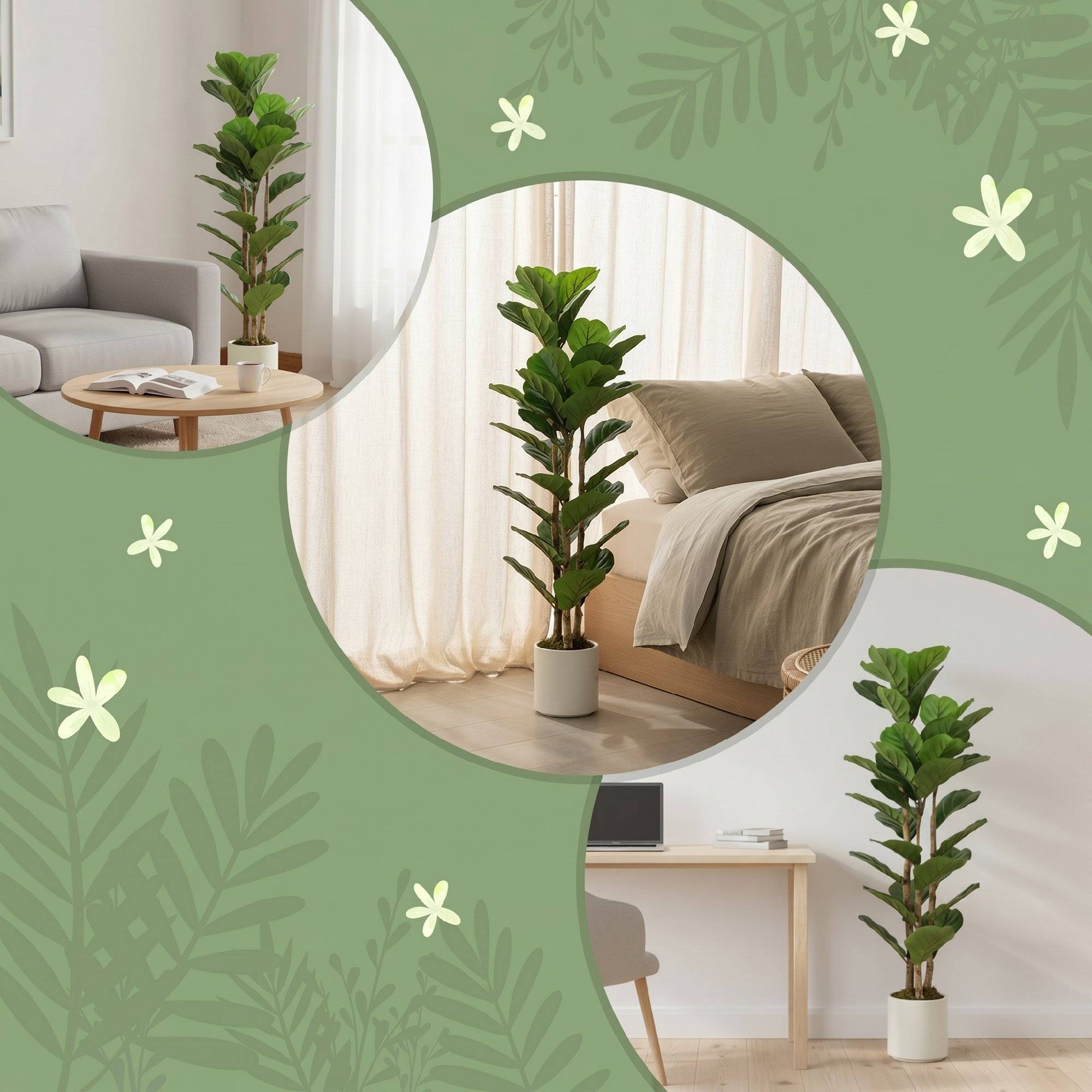 Lot de 2 plantes artificielles 120 cm Figuier lyre arbre artificiel avec pot en plastique et tronc en bois massif, vert - Image 9