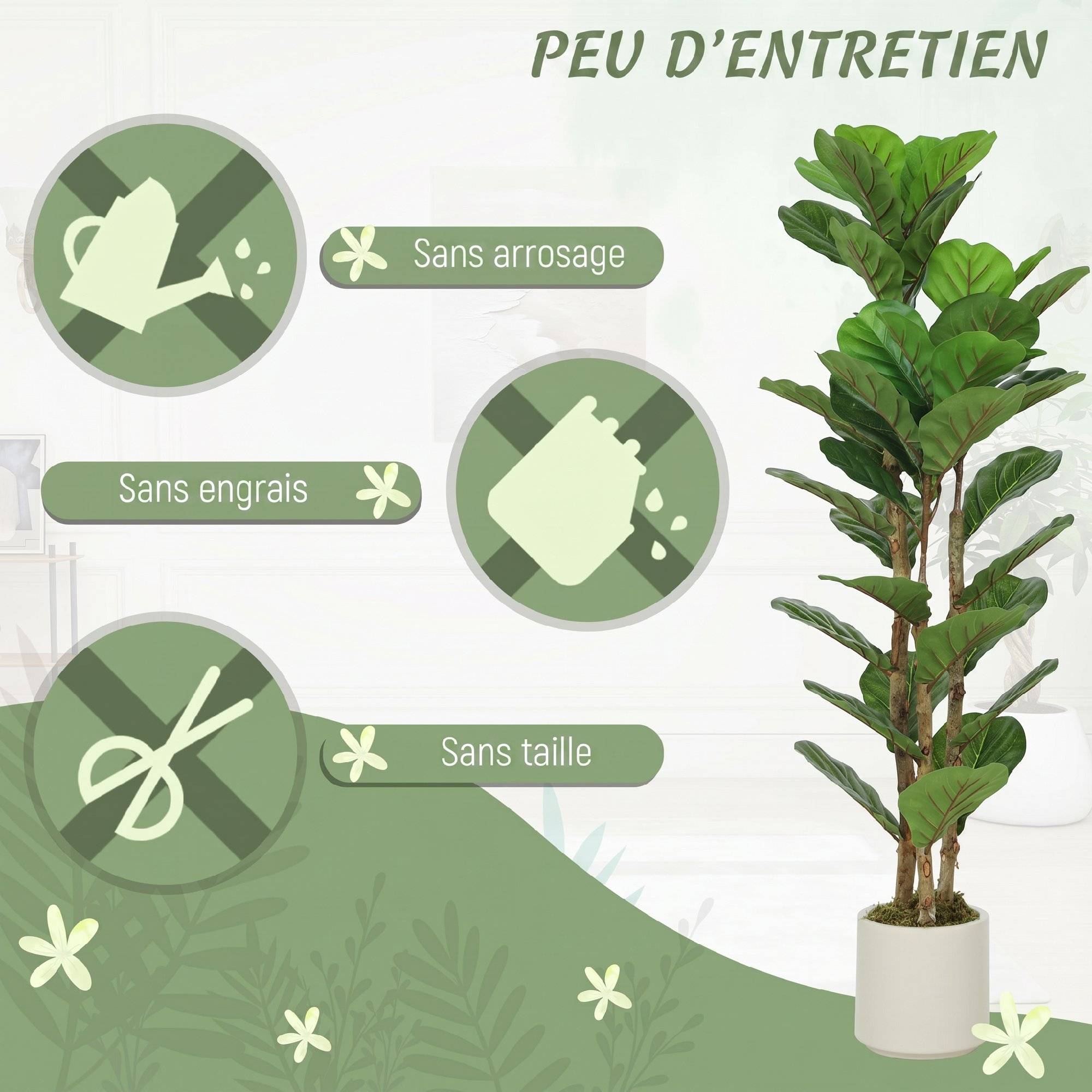 Lot de 2 plantes artificielles 120 cm Figuier lyre arbre artificiel avec pot en plastique et tronc en bois massif, vert - Image 7