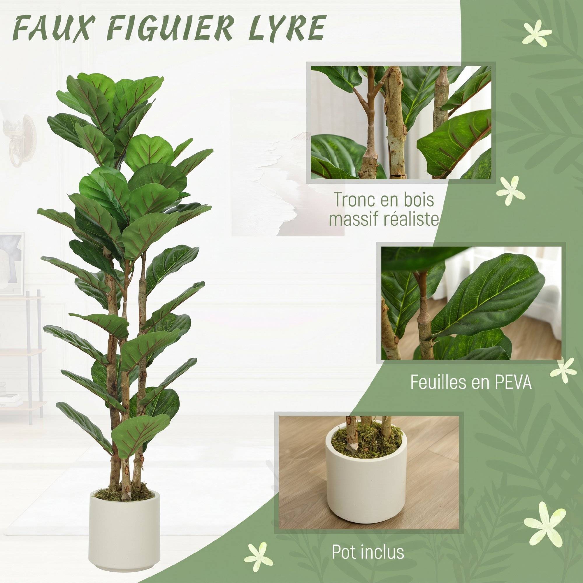 Lot de 2 plantes artificielles 120 cm Figuier lyre arbre artificiel avec pot en plastique et tronc en bois massif, vert - Image 6