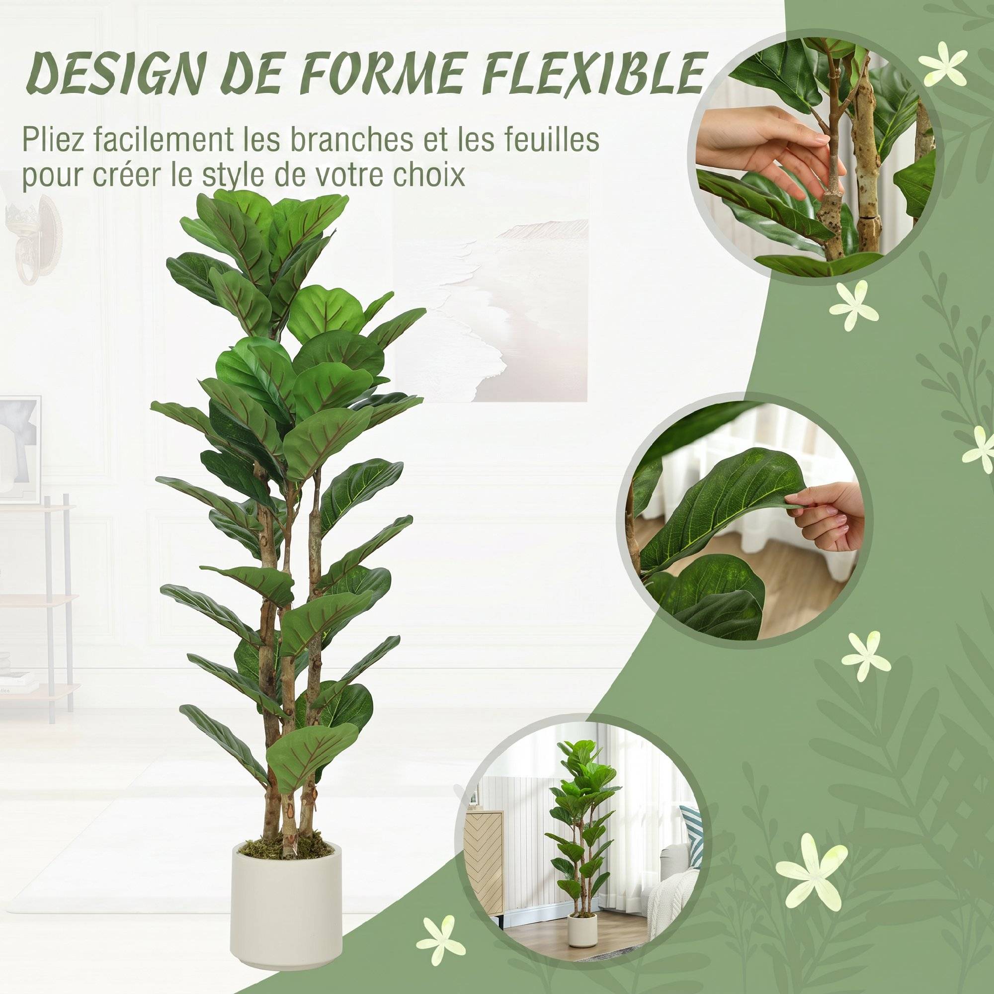 Lot de 2 plantes artificielles 120 cm Figuier lyre arbre artificiel avec pot en plastique et tronc en bois massif, vert - Image 8