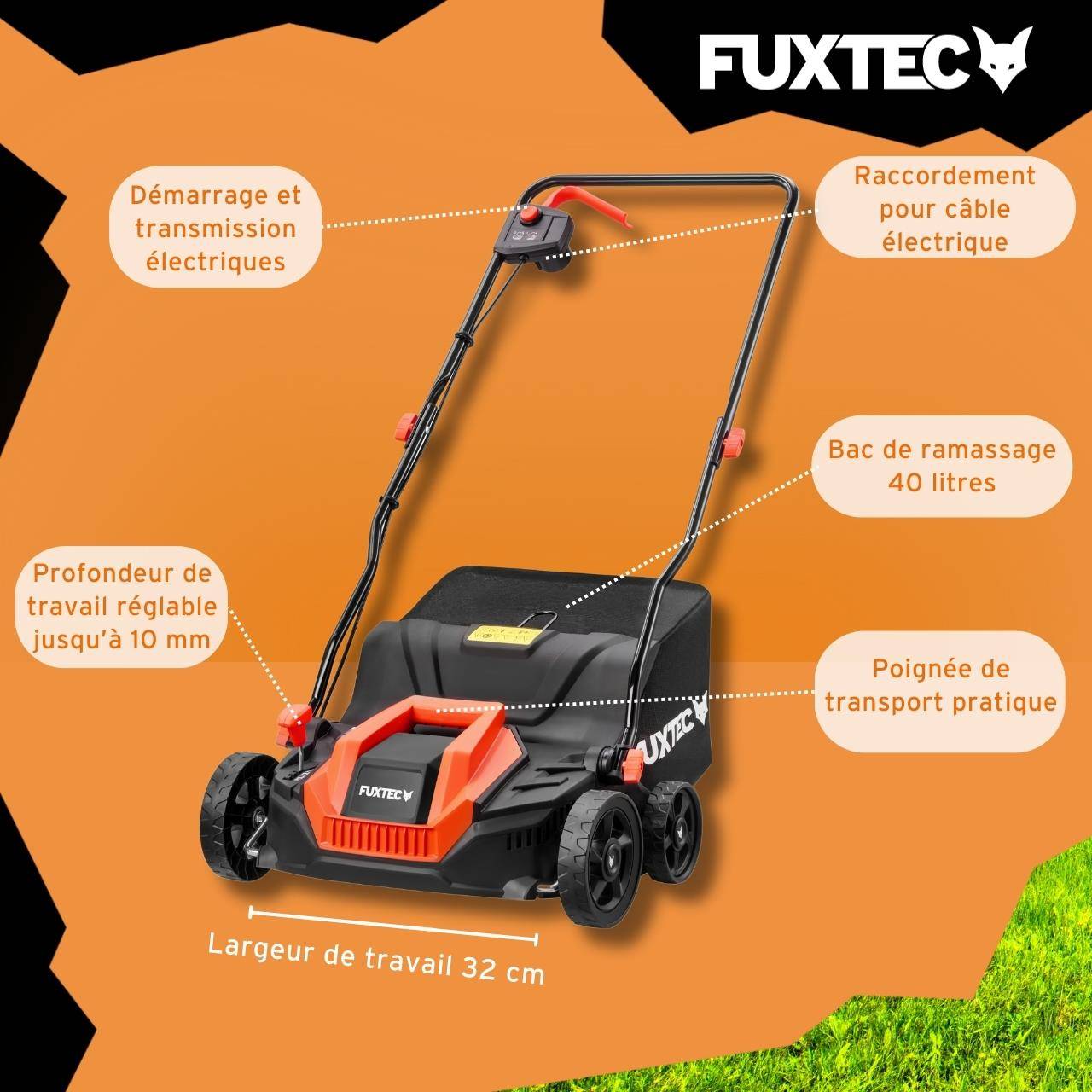 FUXTEC - Scarificateur Électrique Fuxtec Fx-ev320eco, Aérateur De Gazon 1300w, Largeur 32 Cm Et Profondeur -12 À +10 Mm, Bac 40L - Image 6