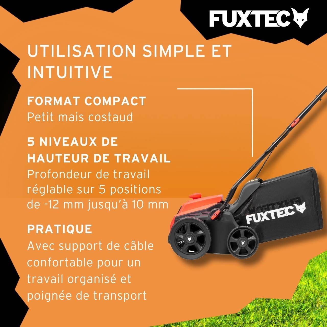 FUXTEC - Scarificateur Électrique Fuxtec Fx-ev320eco, Aérateur De Gazon 1300w, Largeur 32 Cm Et Profondeur -12 À +10 Mm, Bac 40L - Image 5