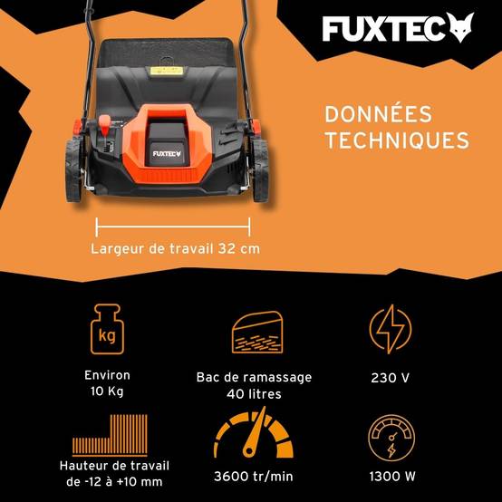 FUXTEC - Scarificateur Électrique Fuxtec Fx-ev320eco, Aérateur De Gazon 1300w, Largeur 32 Cm Et Profondeur -12 À +10 Mm, Bac 40L - Image 3