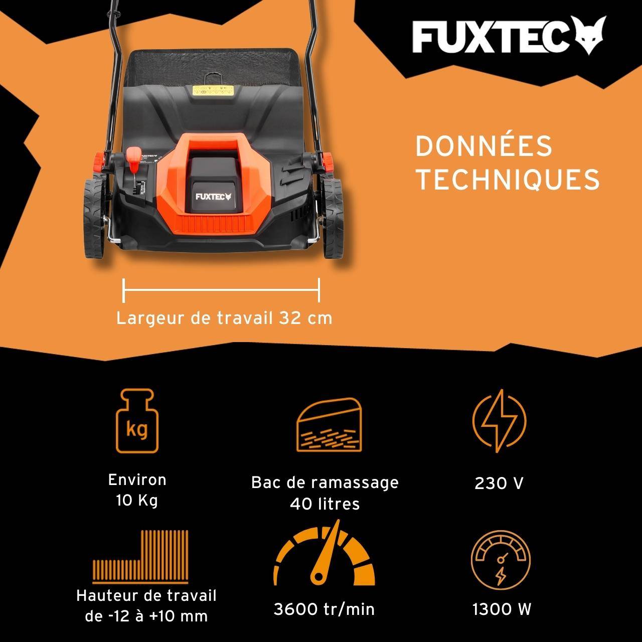 FUXTEC - Scarificateur Électrique Fuxtec Fx-ev320eco, Aérateur De Gazon 1300w, Largeur 32 Cm Et Profondeur -12 À +10 Mm, Bac 40L - Image 3
