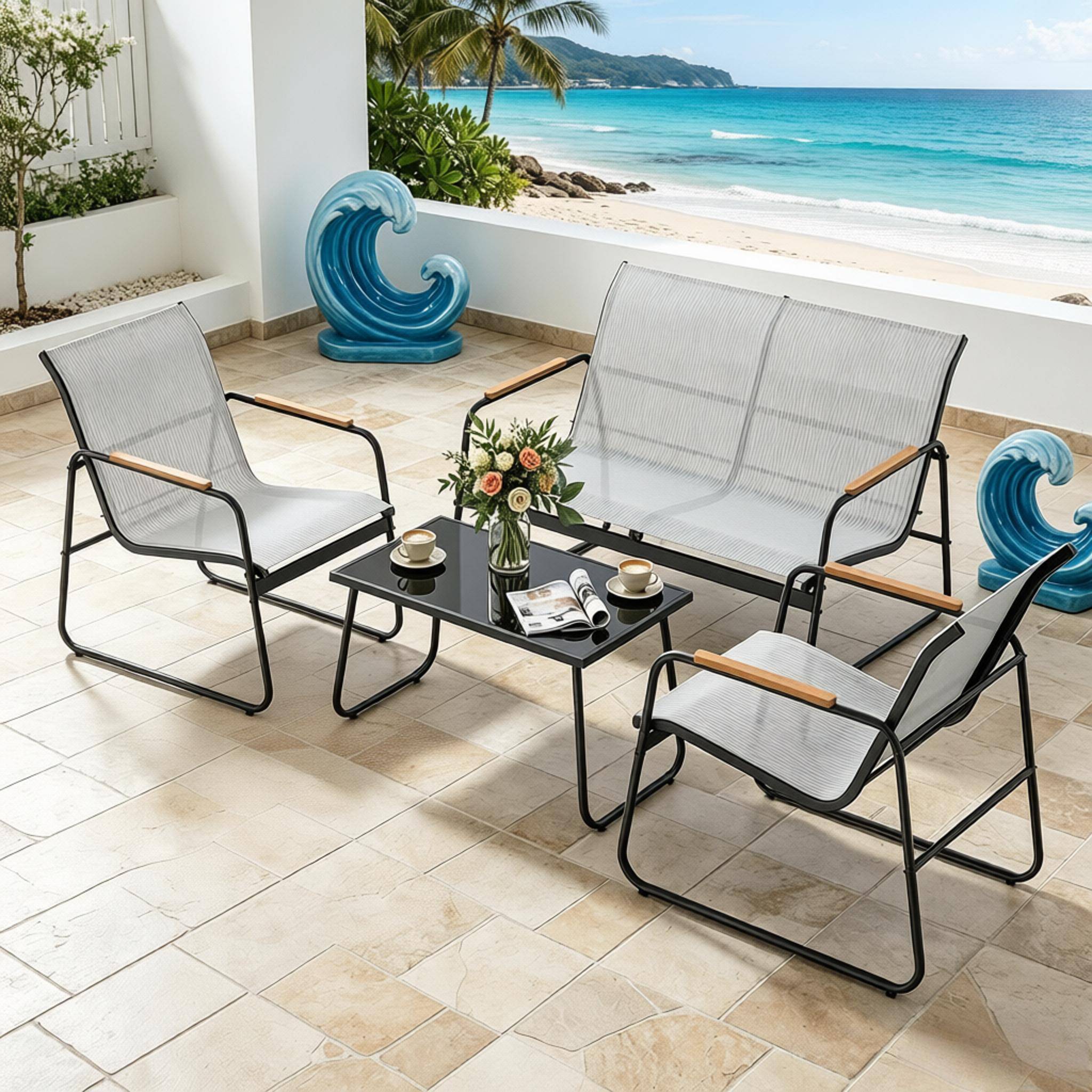 ComfortXL - Salon de jardin 4 places métal textilène pour terrasse extérieur détente gris - ComfortXL Outdoor Living - Image 4