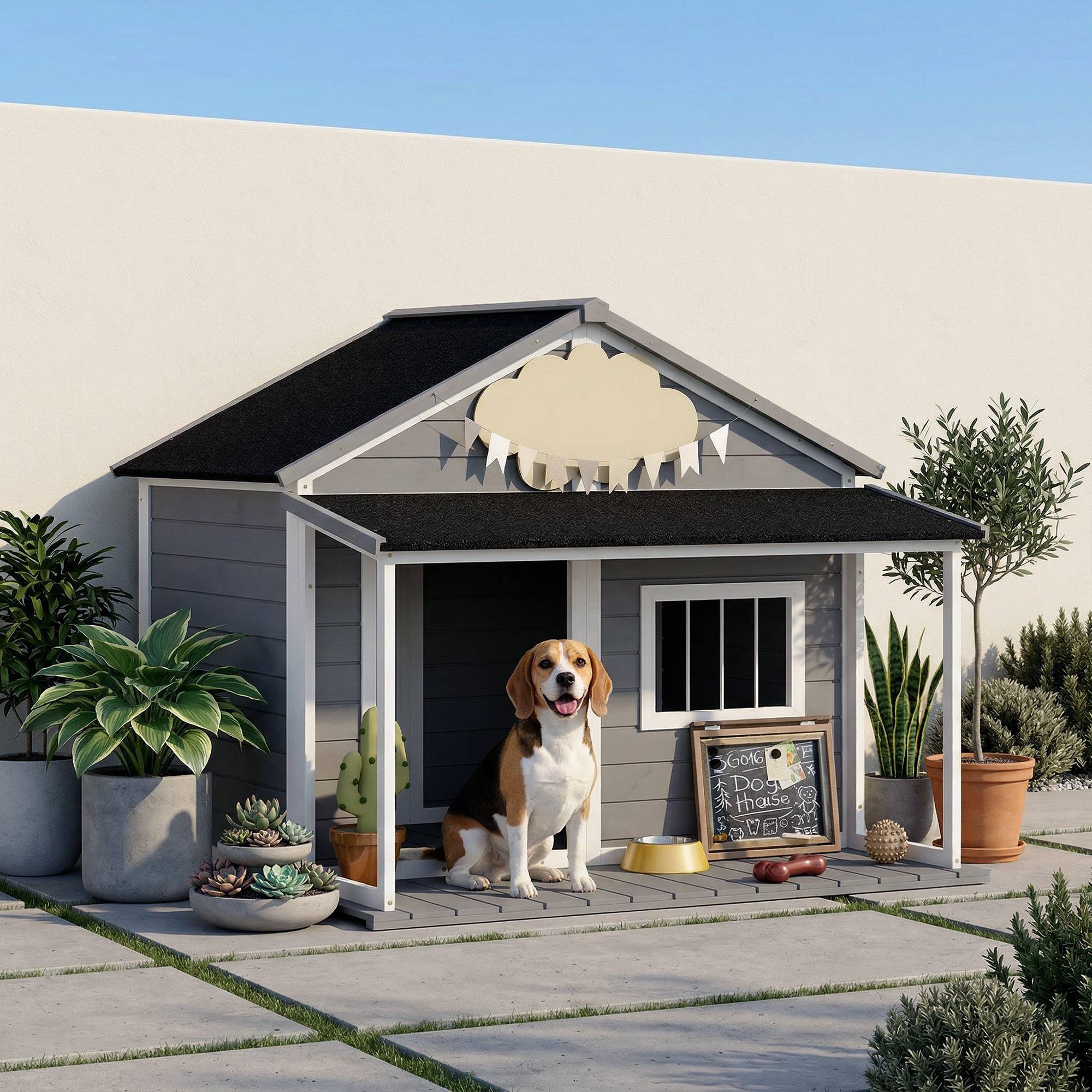 Niche d'extérieur pour chien avec terrasse, fenêtre et toit étanche, 124 x 112 x 105 cm, grise - Image 4