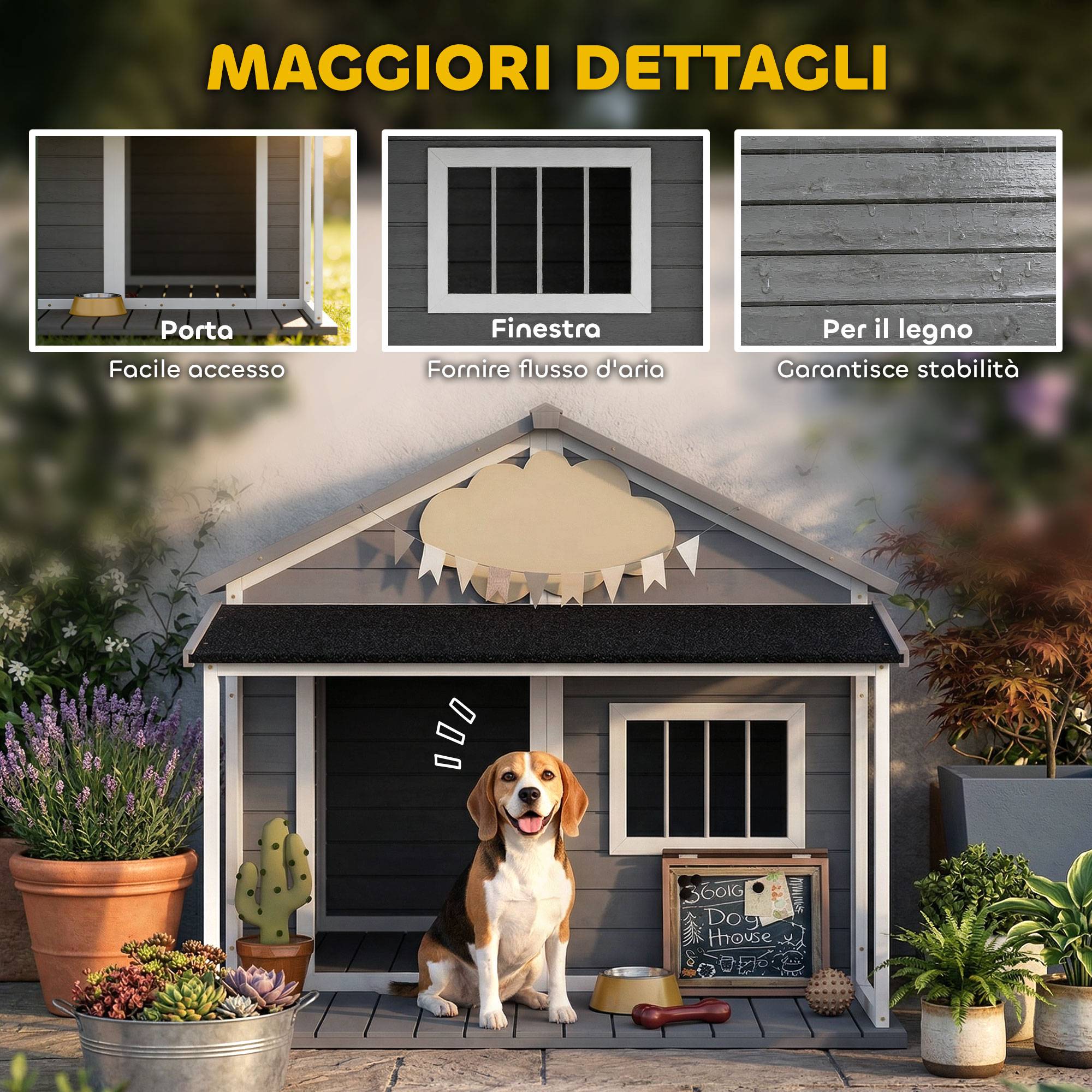 Niche d'extérieur pour chien avec terrasse, fenêtre et toit étanche, 124 x 112 x 105 cm, grise - Image 8