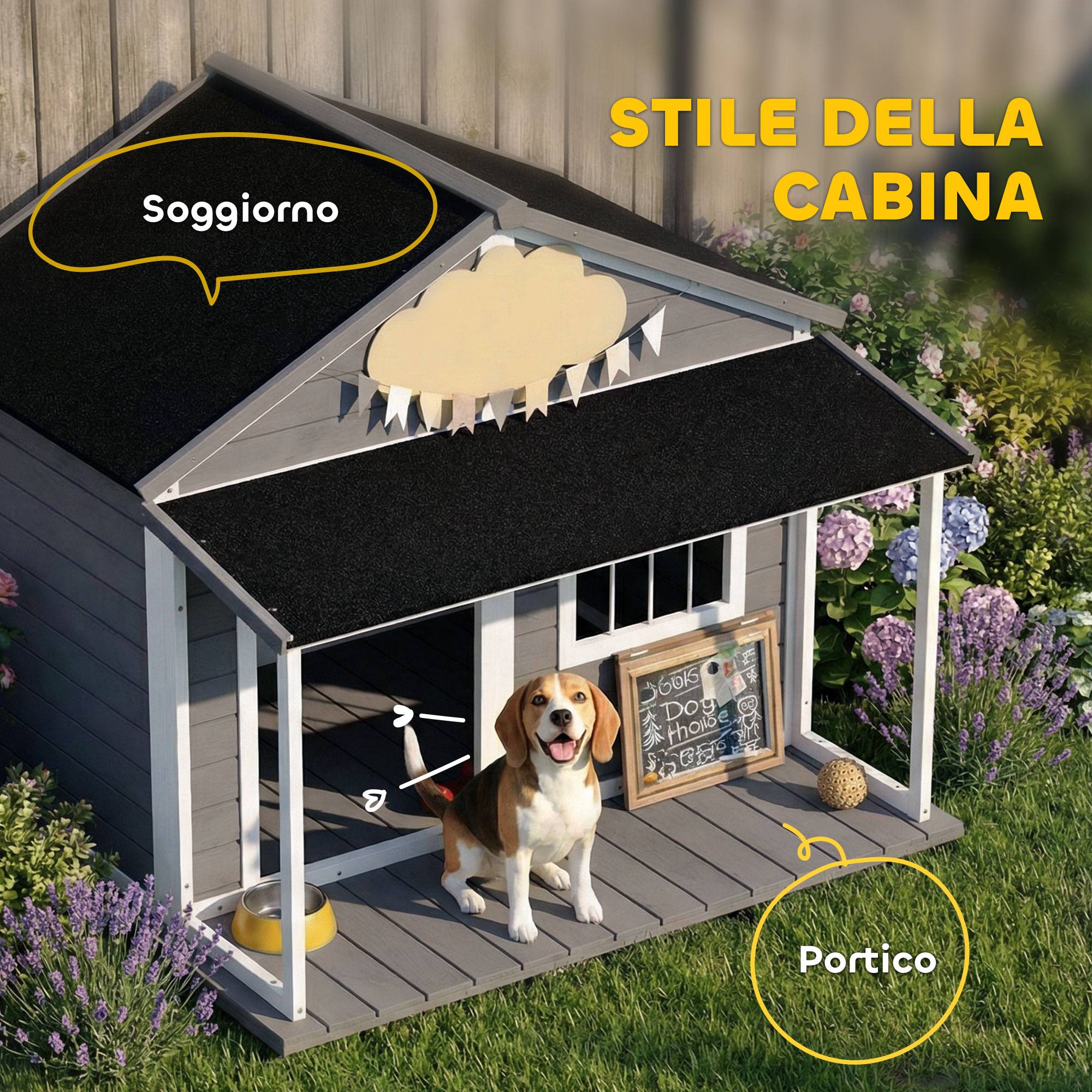 Niche d'extérieur pour chien avec terrasse, fenêtre et toit étanche, 124 x 112 x 105 cm, grise - Image 6