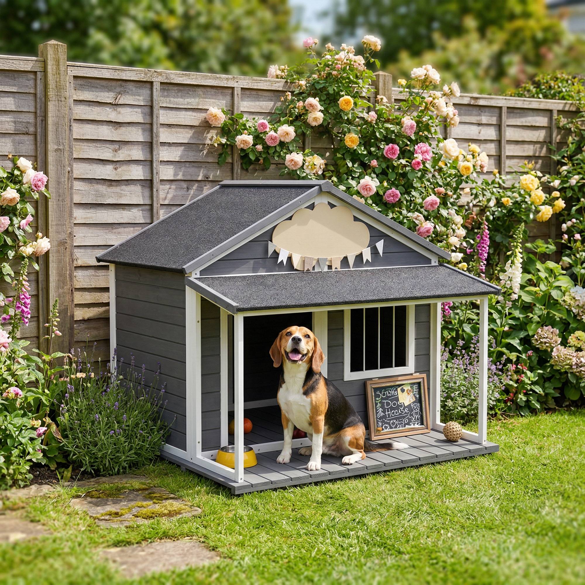 Niche d'extérieur pour chien avec terrasse, fenêtre et toit étanche, 124 x 112 x 105 cm, grise - Image 10