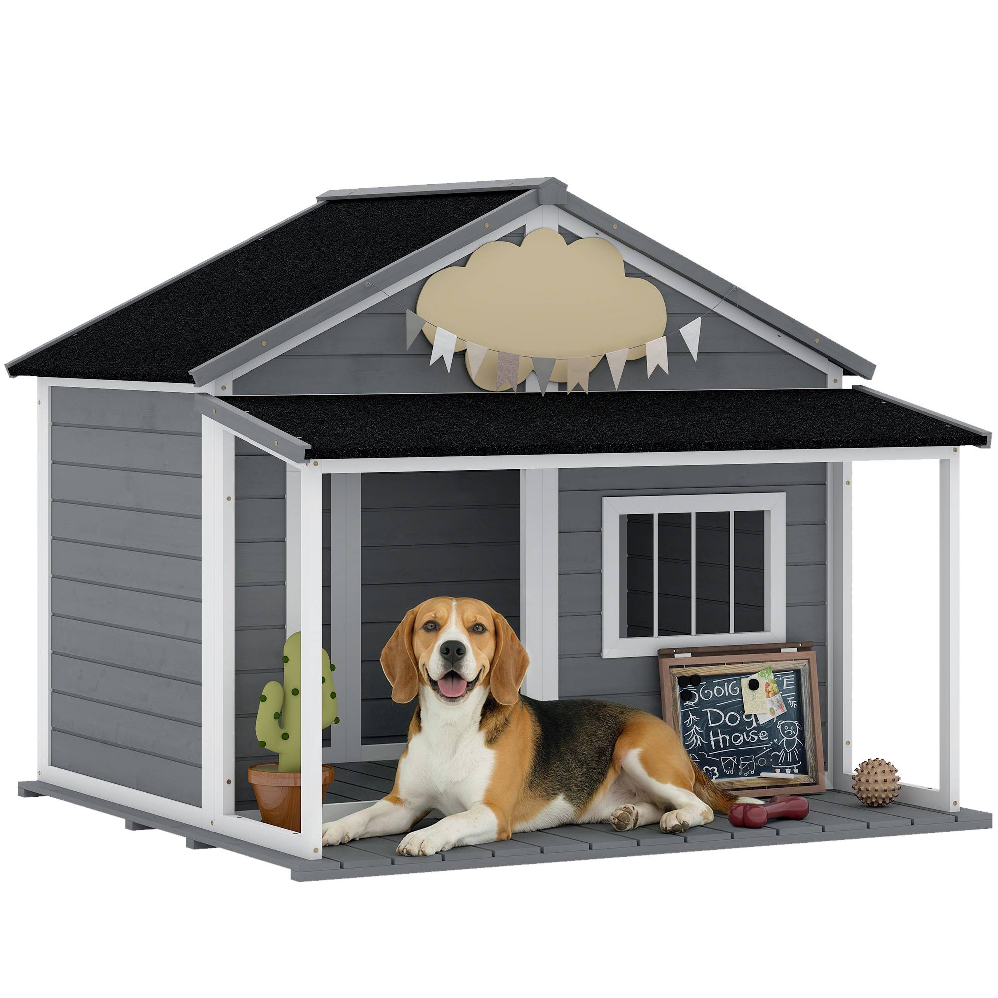 Niche d'extérieur pour chien avec terrasse, fenêtre et toit étanche, 124 x 112 x 105 cm, grise - Image 1