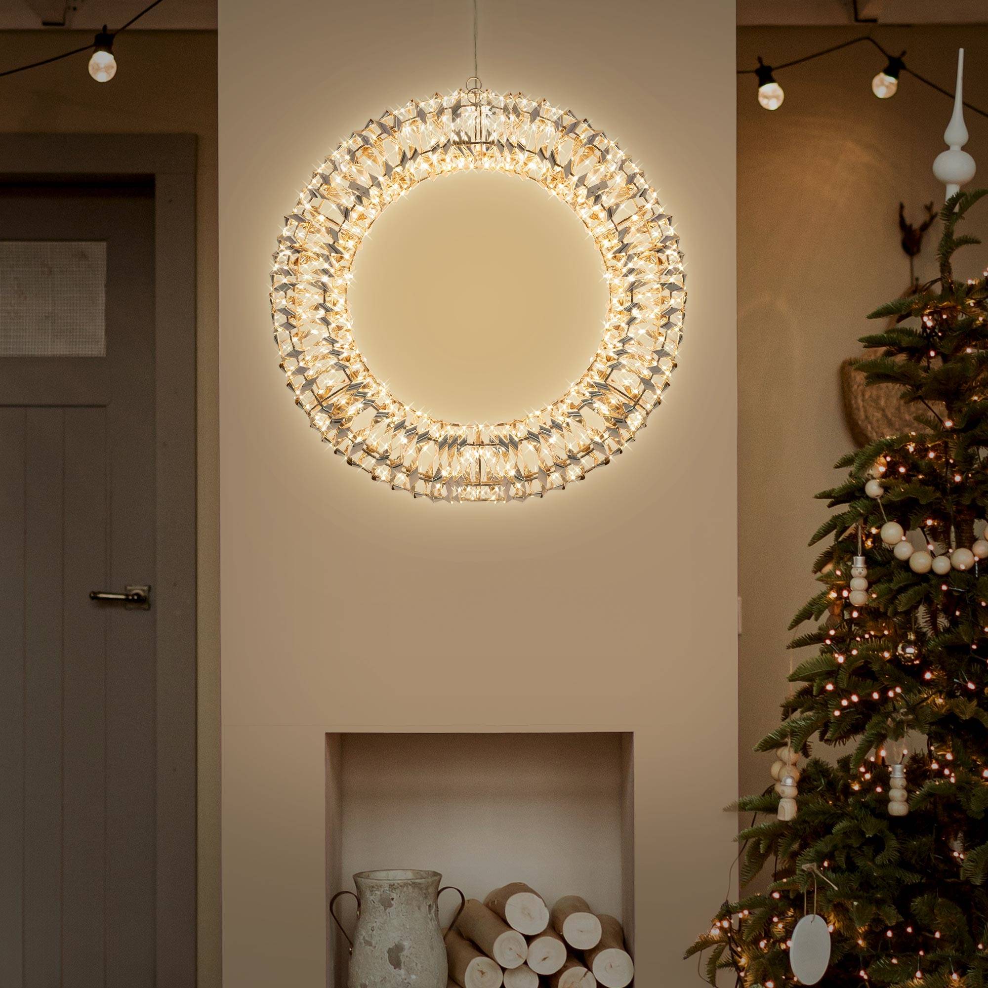 Ecd-Germany - Couronne lumineuse de Noël métallique Ø 50cm 720 micro LEDs lumière blanche chaude IP44 intérieur/extérieur minuterie anneau déco de porte fenêtre - Image 1