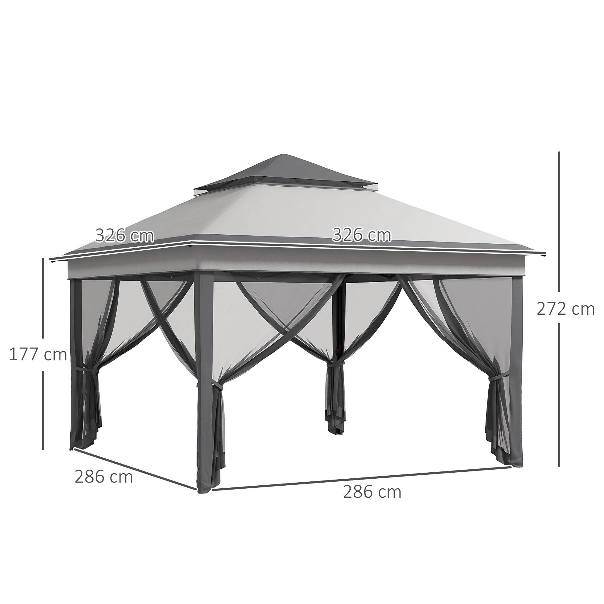 Tente pliante 3,26 x 3,26 x 2,72 m avec double toit, hauteur réglable, moustiquaires, protection UV30+ et sac de transport, grise - Image 5