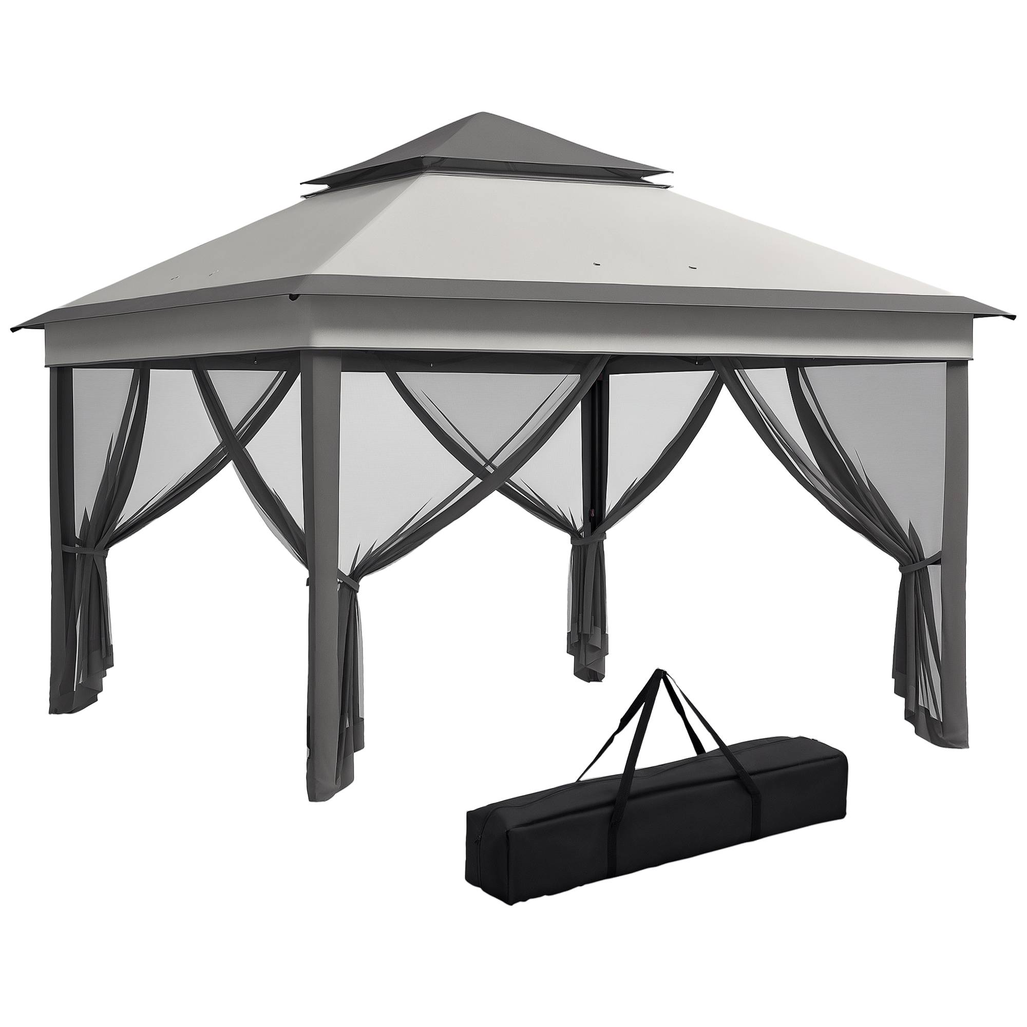 Tente pliante 3,26 x 3,26 x 2,72 m avec double toit, hauteur réglable, moustiquaires, protection UV30+ et sac de transport, grise - Image 1