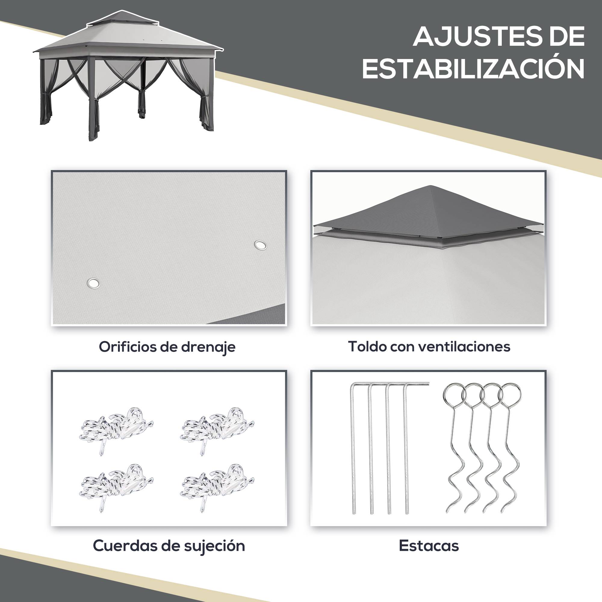Tente pliante 3,26 x 3,26 x 2,72 m avec double toit, hauteur réglable, moustiquaires, protection UV30+ et sac de transport, grise - Image 8
