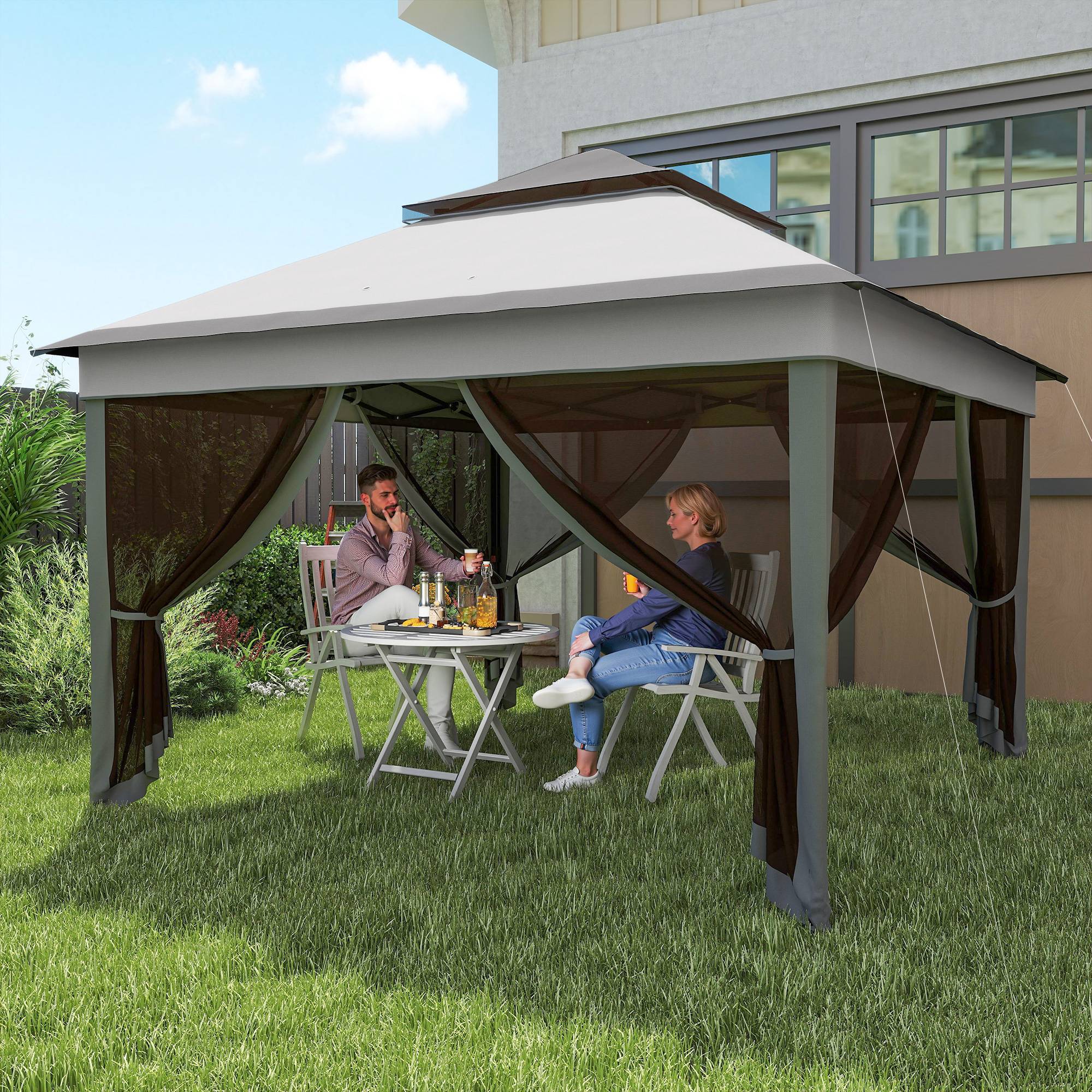 Tente pliante 3,26 x 3,26 x 2,72 m avec double toit, hauteur réglable, moustiquaires, protection UV30+ et sac de transport, grise - Image 3