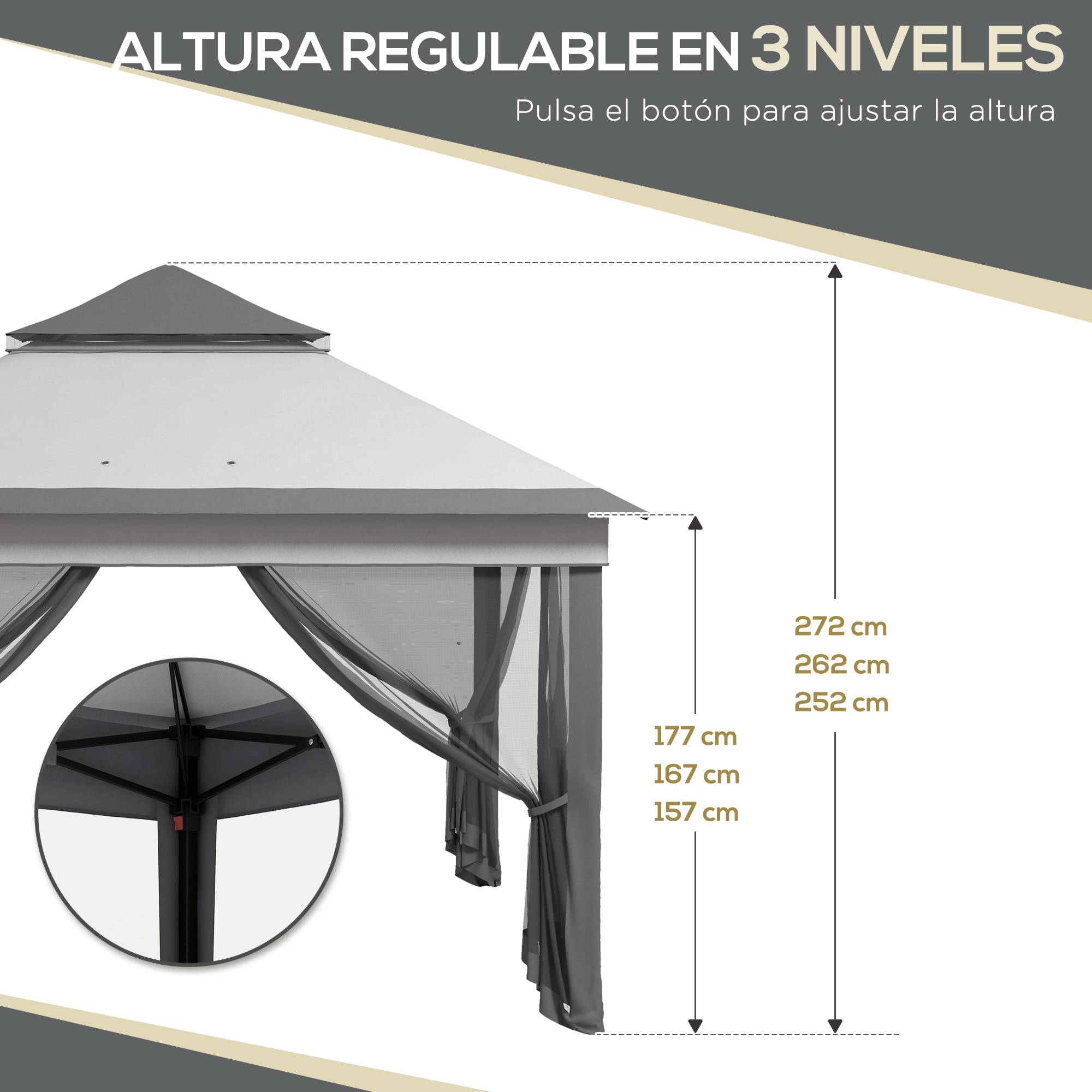 Tente pliante 3,26 x 3,26 x 2,72 m avec double toit, hauteur réglable, moustiquaires, protection UV30+ et sac de transport, grise - Image 7