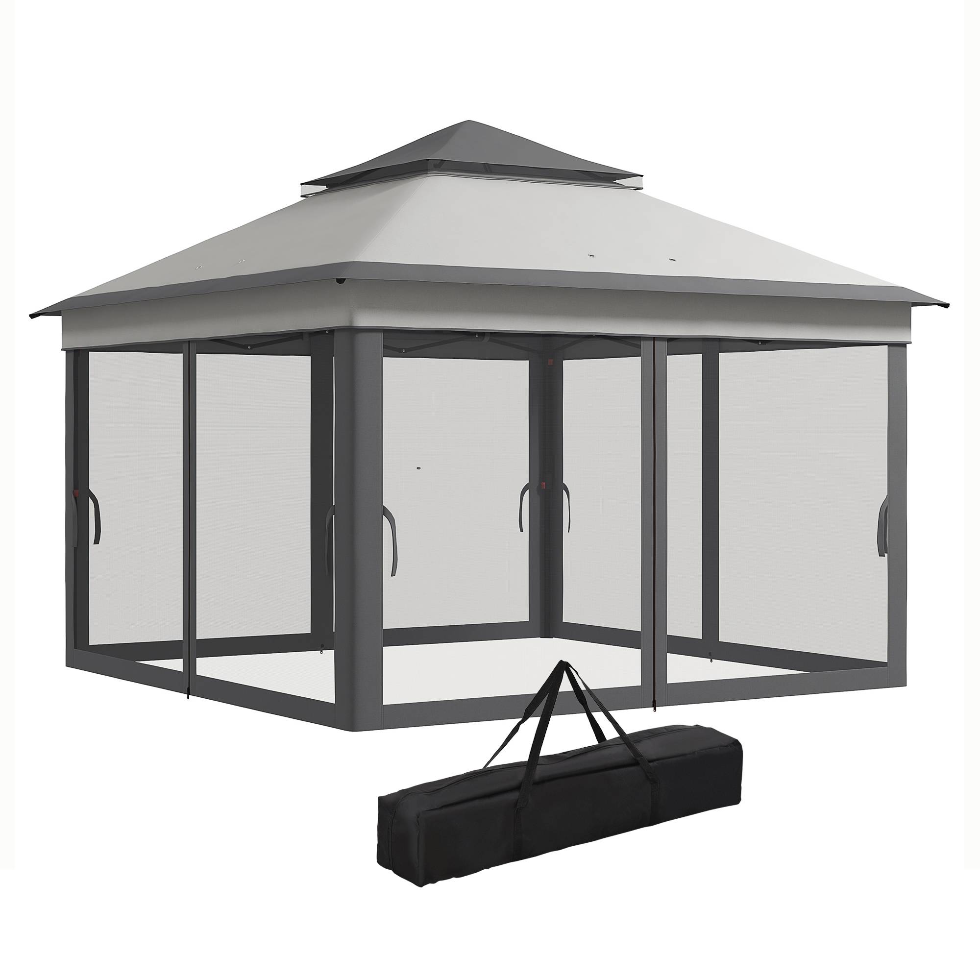 Tente pliante 3,26 x 3,26 x 2,72 m avec double toit, hauteur réglable, moustiquaires, protection UV30+ et sac de transport, grise - Image 2