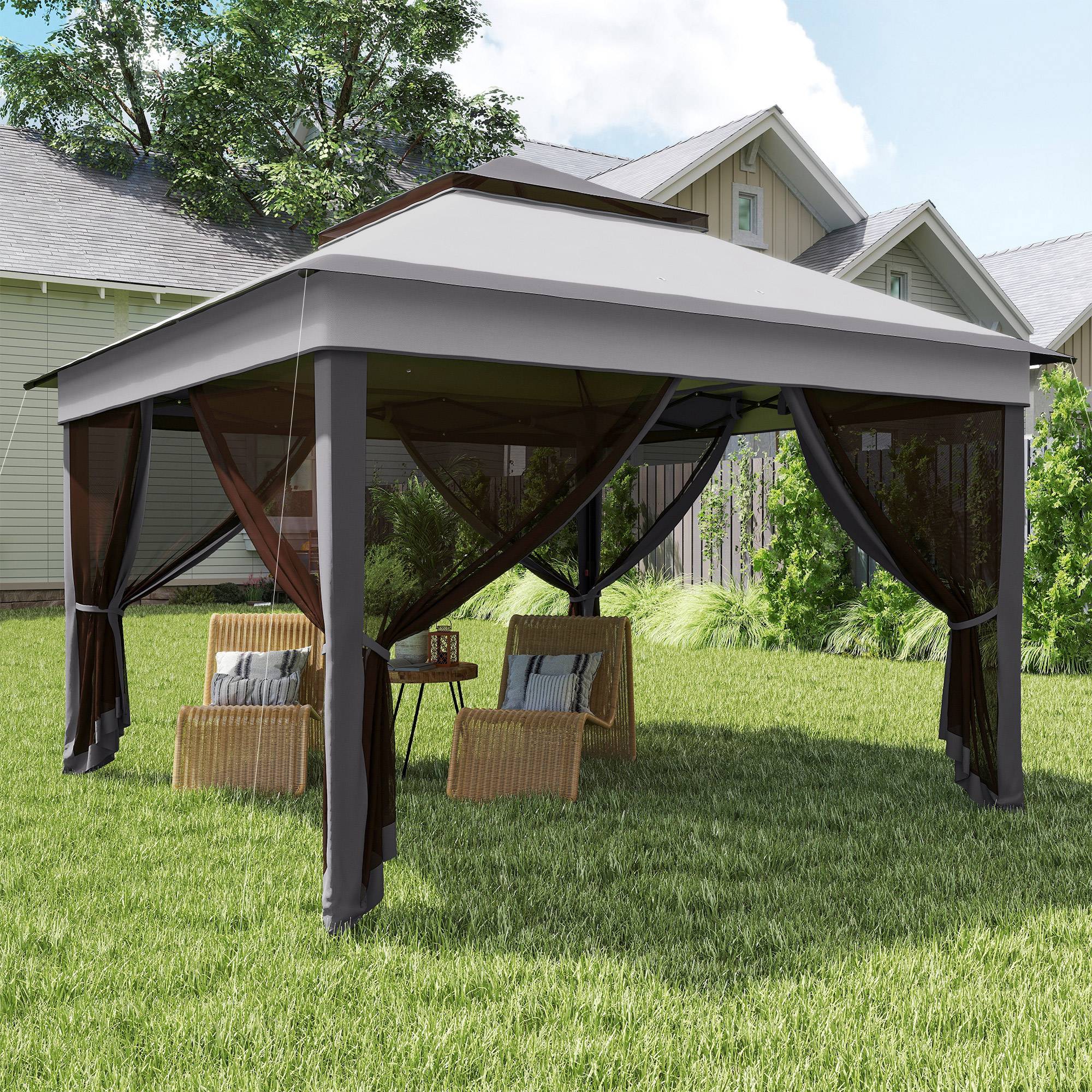 Tente pliante 3,26 x 3,26 x 2,72 m avec double toit, hauteur réglable, moustiquaires, protection UV30+ et sac de transport, grise - Image 4