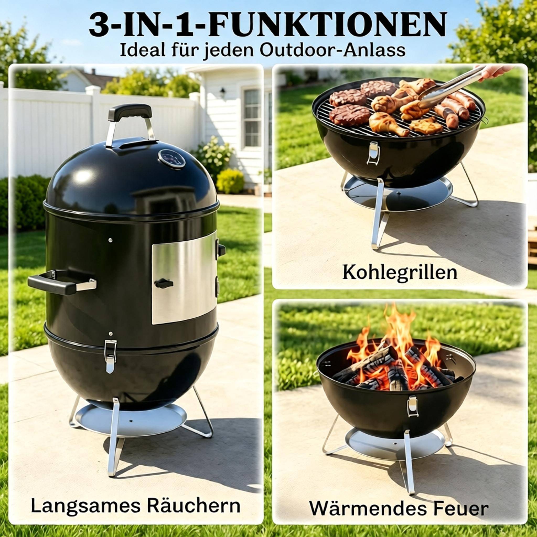 ComfortXL - Fumoir barbecue 3-en-1 en métal noir 62,5 x 47,5 x 91 cm 3 grilles avec thermomètre - ComfortXL Outdoor Living - Image 4