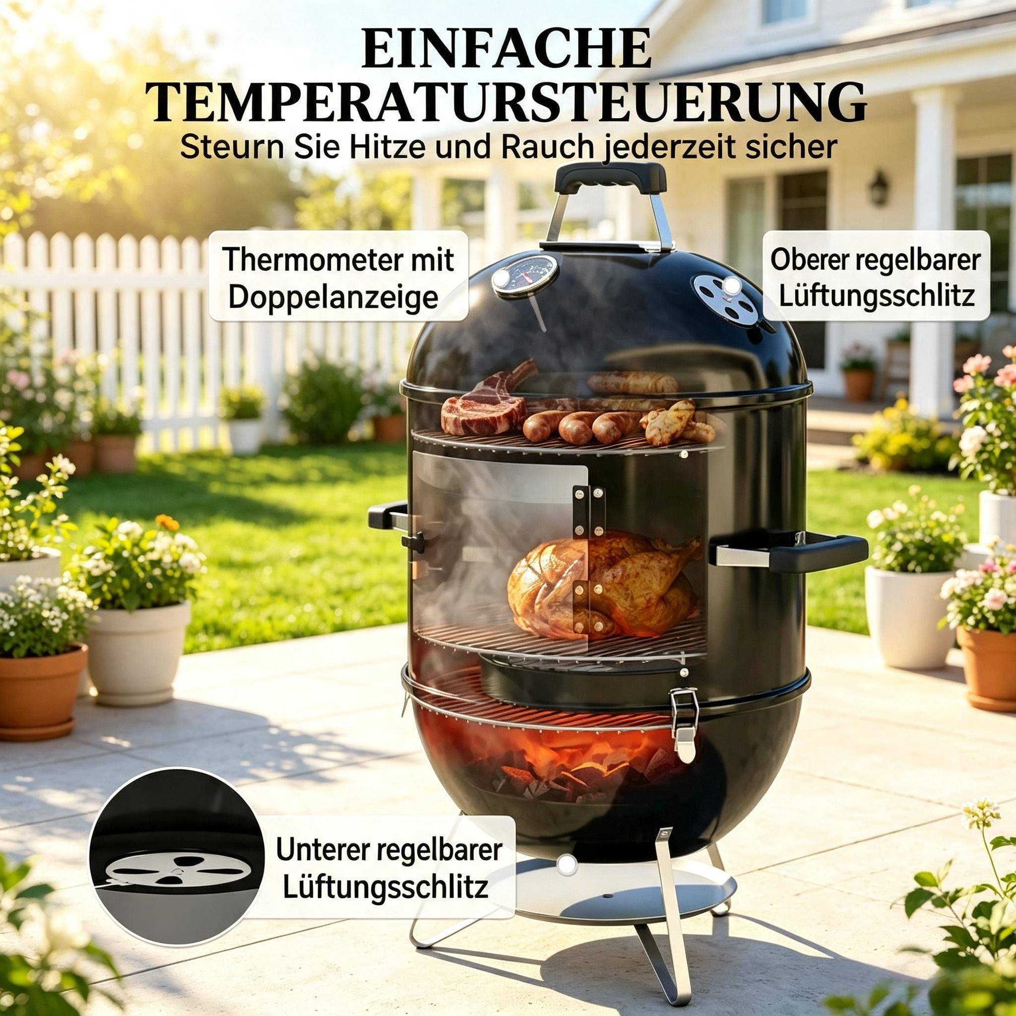 ComfortXL - Fumoir barbecue 3-en-1 en métal noir 62,5 x 47,5 x 91 cm 3 grilles avec thermomètre - ComfortXL Outdoor Living - Image 9