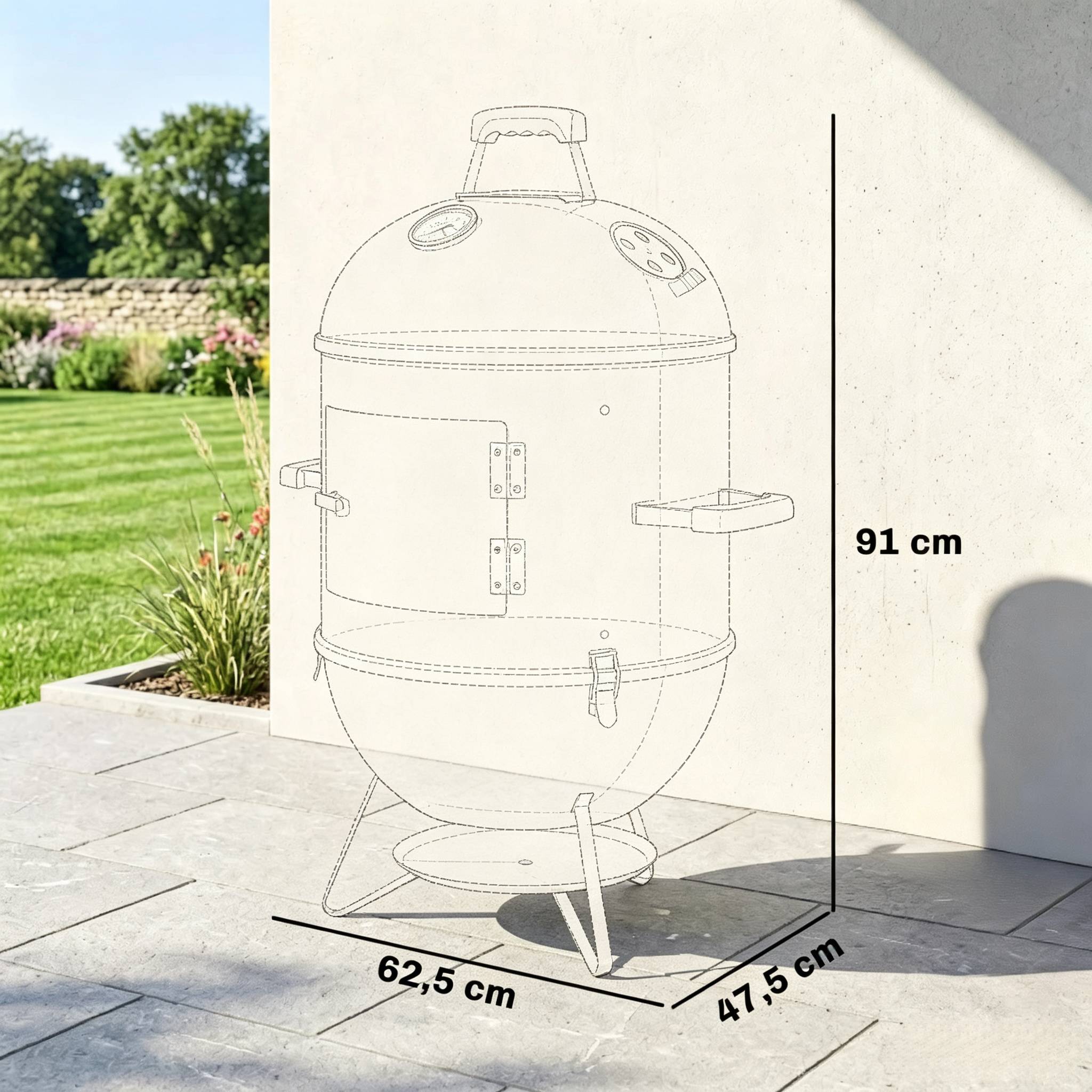 ComfortXL - Fumoir barbecue 3-en-1 en métal noir 62,5 x 47,5 x 91 cm 3 grilles avec thermomètre - ComfortXL Outdoor Living - Image 8