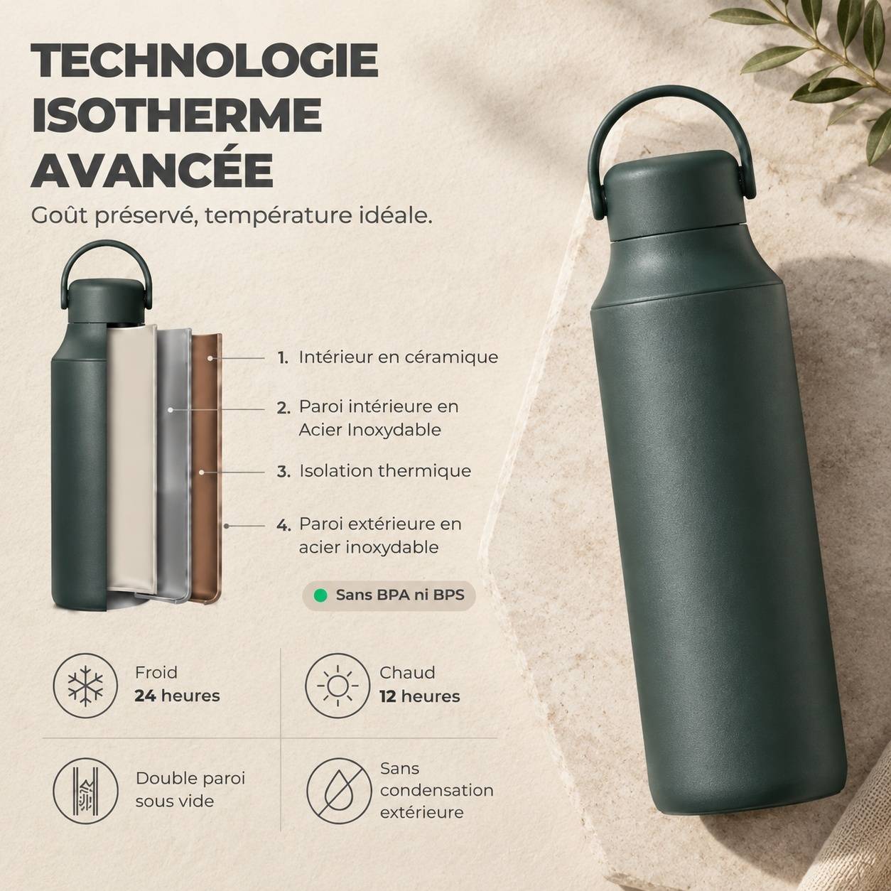 Bouteille Isotherme 600 Ml Céramique Garde Froid 24h Chaud 12h Anti Fuite - Image 4