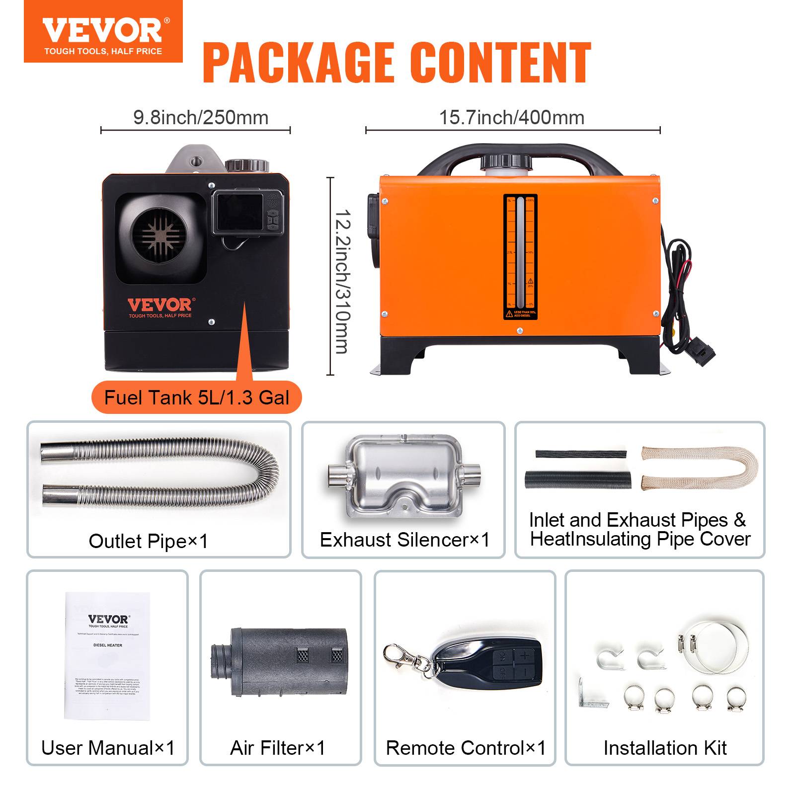 Vevor - VEVOR Chauffage diesel tout-en-un portable 8kW 12V, 0.16-0.62 L/h, réglable 8-36°C, LCD Bluetooth, réservoir 5L. - Image 7
