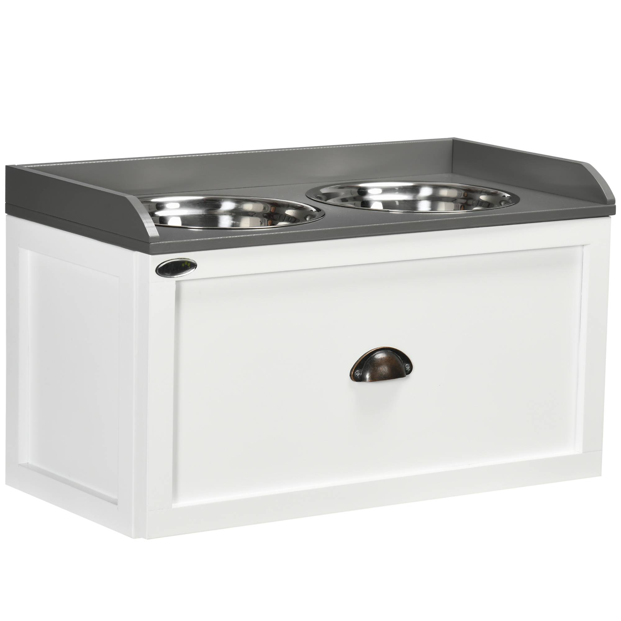 Distributeur de nourriture pour chiens et chats en inox avec tiroir de rangement, 60 x 30 x 36 cm, blanc - PANGIVO - Image 1