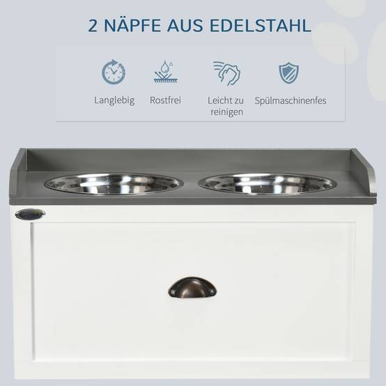 Distributeur de nourriture pour chiens et chats en inox avec tiroir de rangement, 60 x 30 x 36 cm, blanc - PANGIVO - Image 6