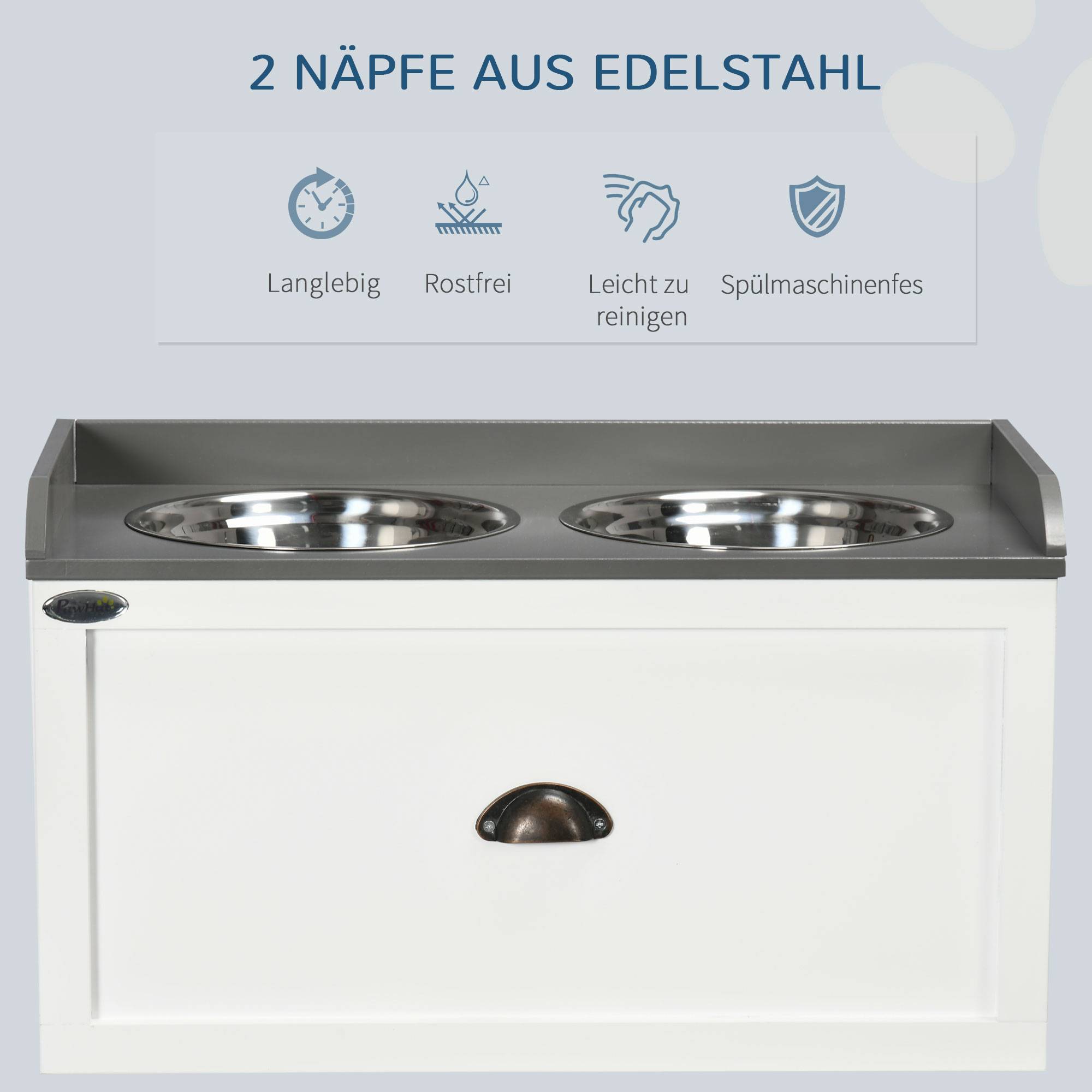 Distributeur de nourriture pour chiens et chats en inox avec tiroir de rangement, 60 x 30 x 36 cm, blanc - PANGIVO - Image 6