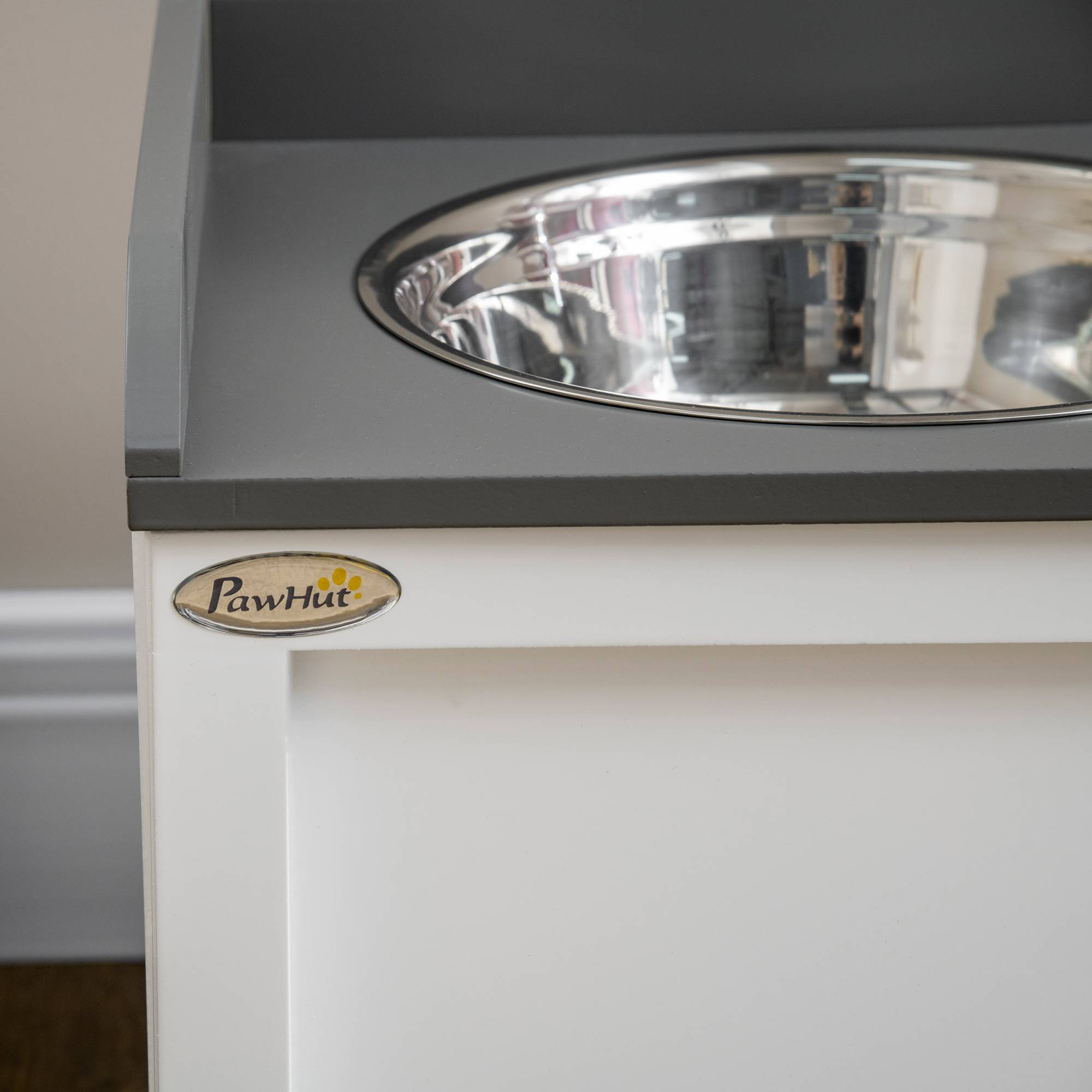 Distributeur de nourriture pour chiens et chats en inox avec tiroir de rangement, 60 x 30 x 36 cm, blanc - PANGIVO - Image 7