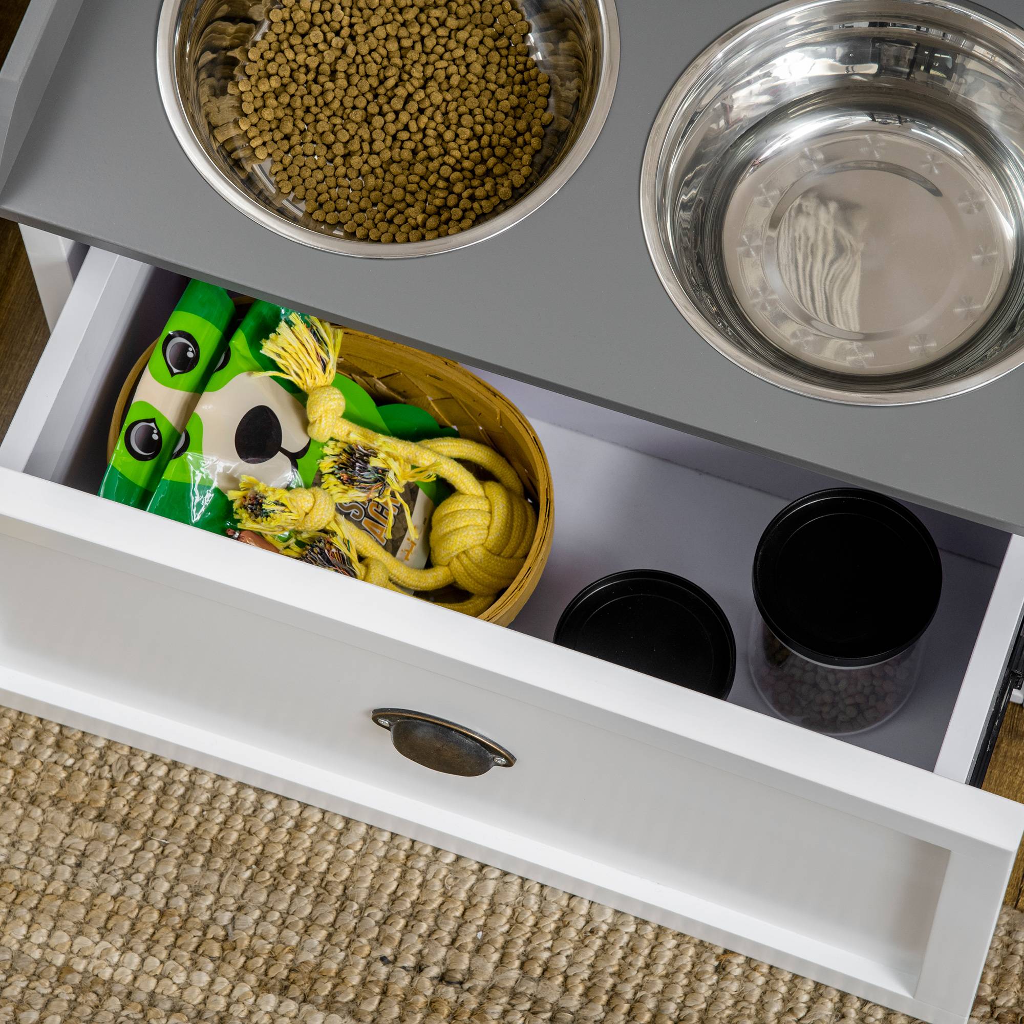 Distributeur de nourriture pour chiens et chats en inox avec tiroir de rangement, 60 x 30 x 36 cm, blanc - PANGIVO - Image 8