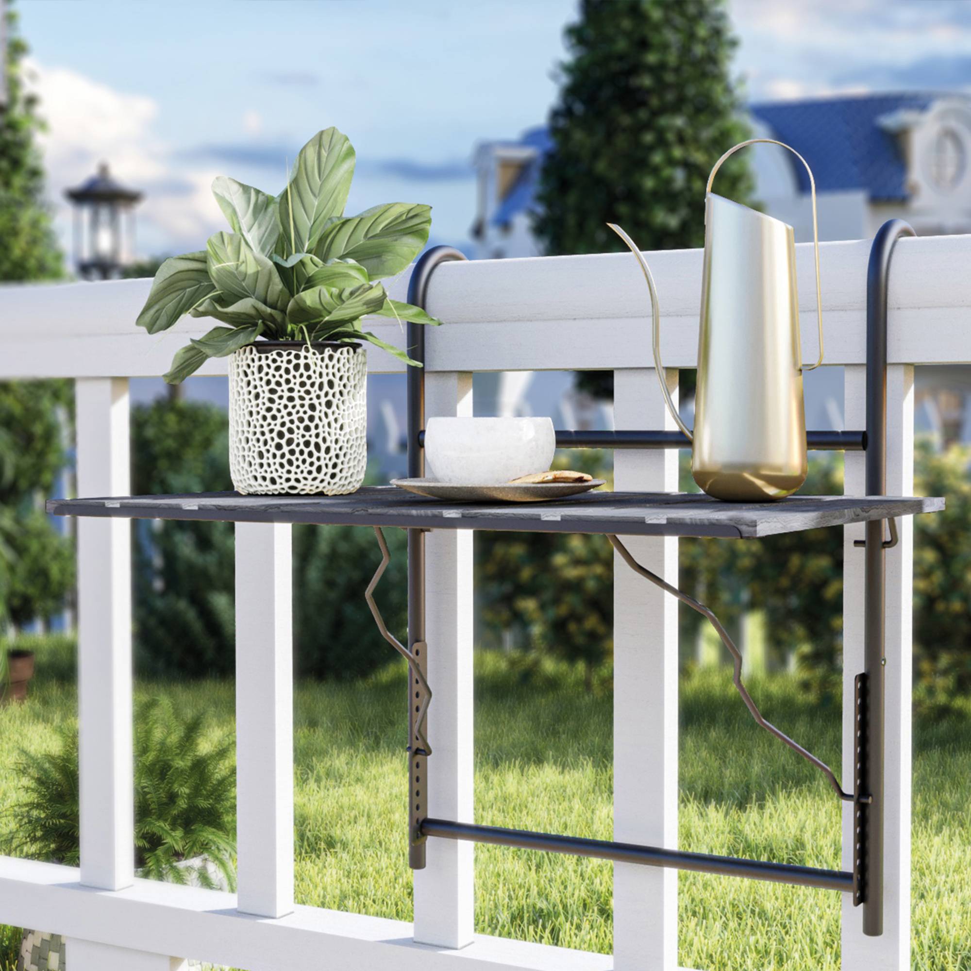 Table de balcon rabattable Petäjävesi métal bois de pin 60 x 40 x 58 cm noir gris structuré [en.casa] - Image 4