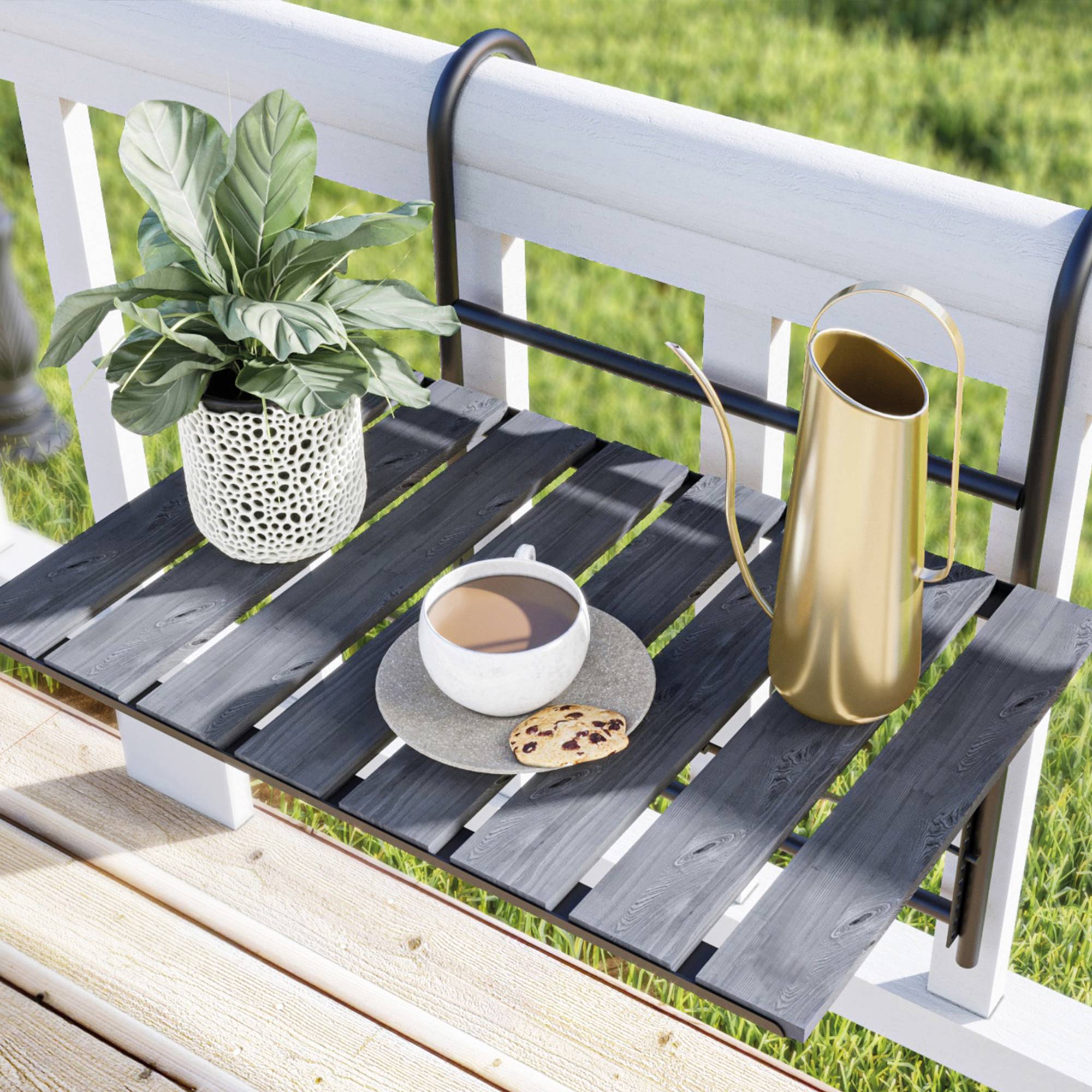 Table de balcon rabattable Petäjävesi métal bois de pin 60 x 40 x 58 cm noir gris structuré [en.casa] - Image 2