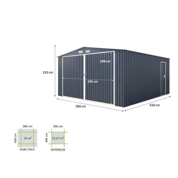 Sans Marque - Abri de jardin / Garage en métal 16 m² - 380 x 420 x 232 - COMET - Kit d'ancrage, 2 portes coulissantes , 1 porte latérale Gr - Image 4