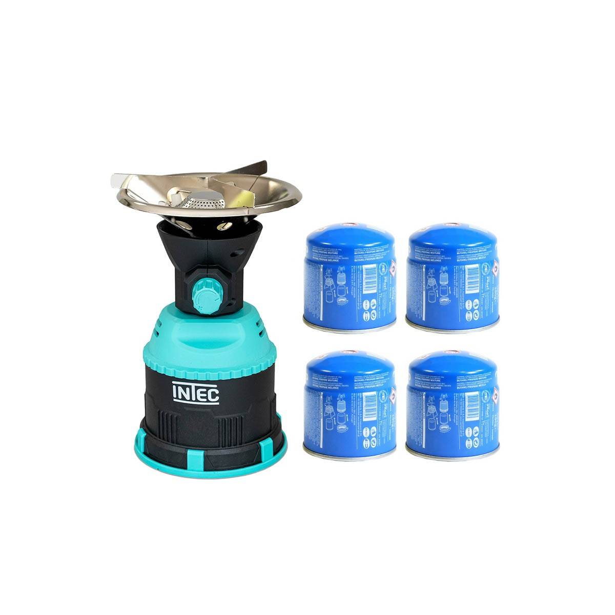 Rechaud gaz 1200W piezo Coque ABS + 4 Cartouches gaz 190 gr INTEC - Image 1