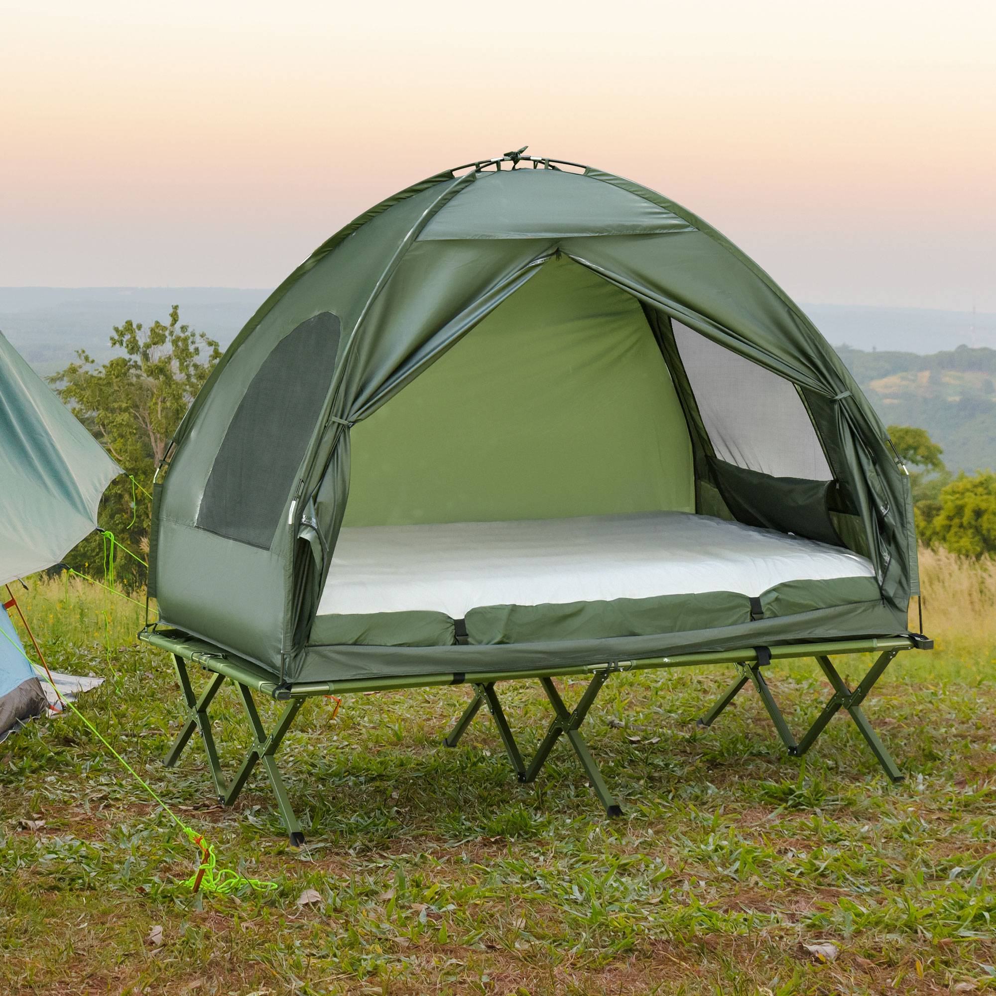 Kit camping 2 personnes avec lit camp et matelas gonflable vert, ensemble tente pratique confort - Image 4