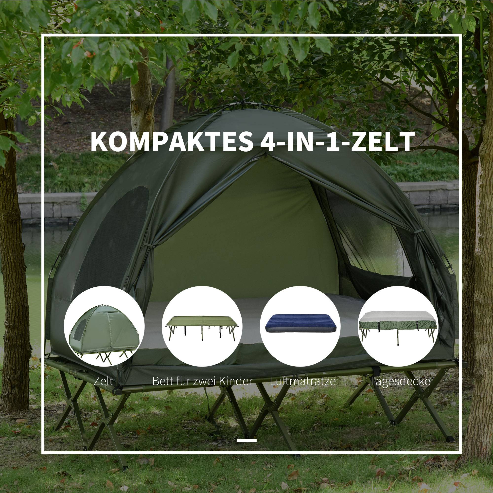 Kit camping 2 personnes avec lit camp et matelas gonflable vert, ensemble tente pratique confort - Image 6