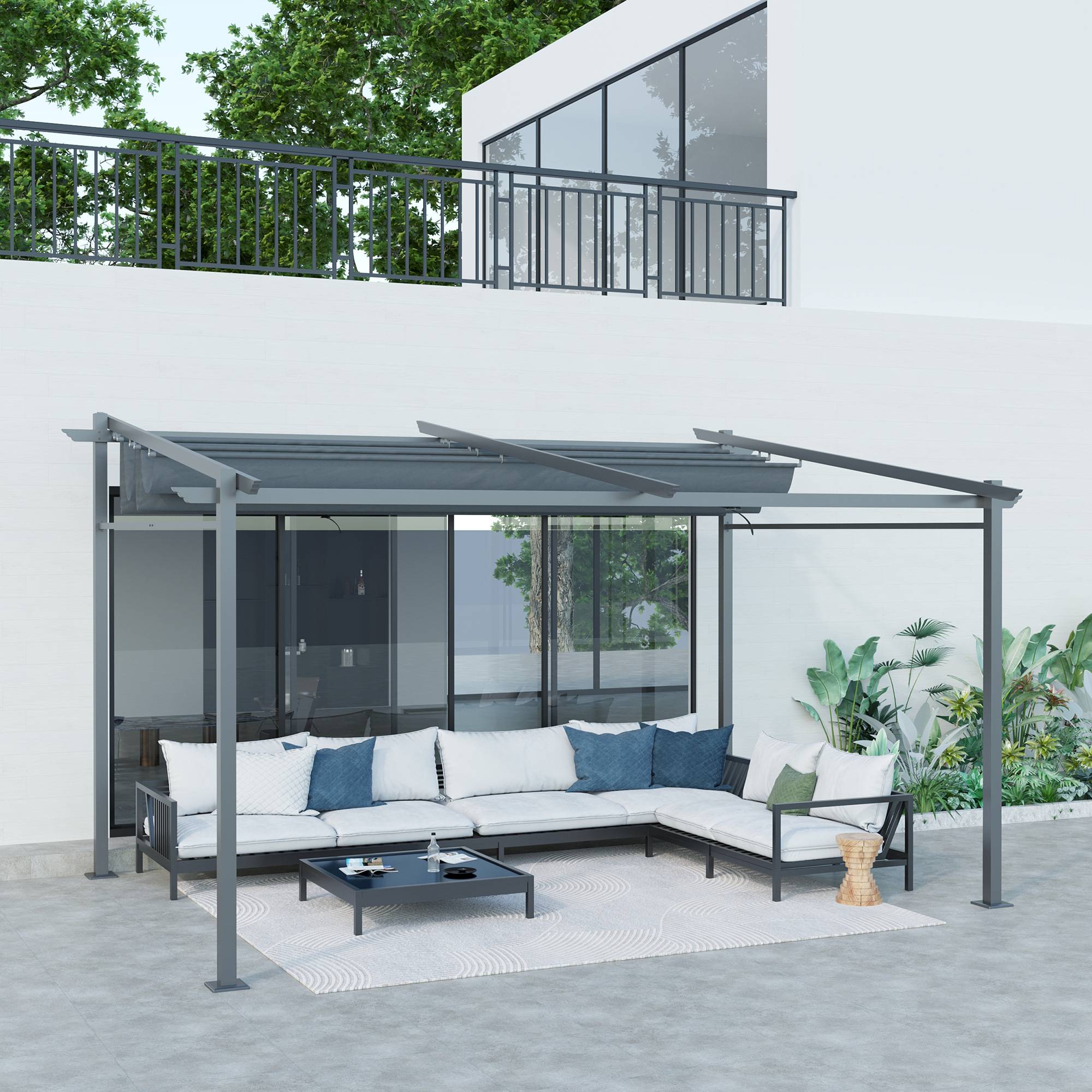 Outsunny - Pergola extérieure adossée 4x3m toile coulissante rétractable structure acier et aluminium polyester 180g/m² gris - Outsunny - Image 2
