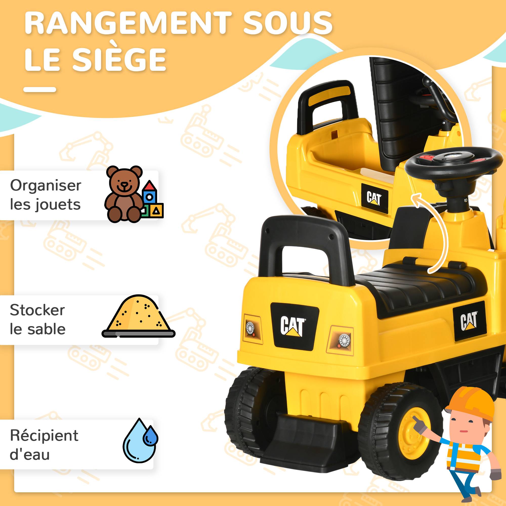 Tractopelle enfant sous licence CAT, porteur enfant, pelle manuelle, klaxon et rangement caché, 85x27,5x47,5cm, jaune - Image 8