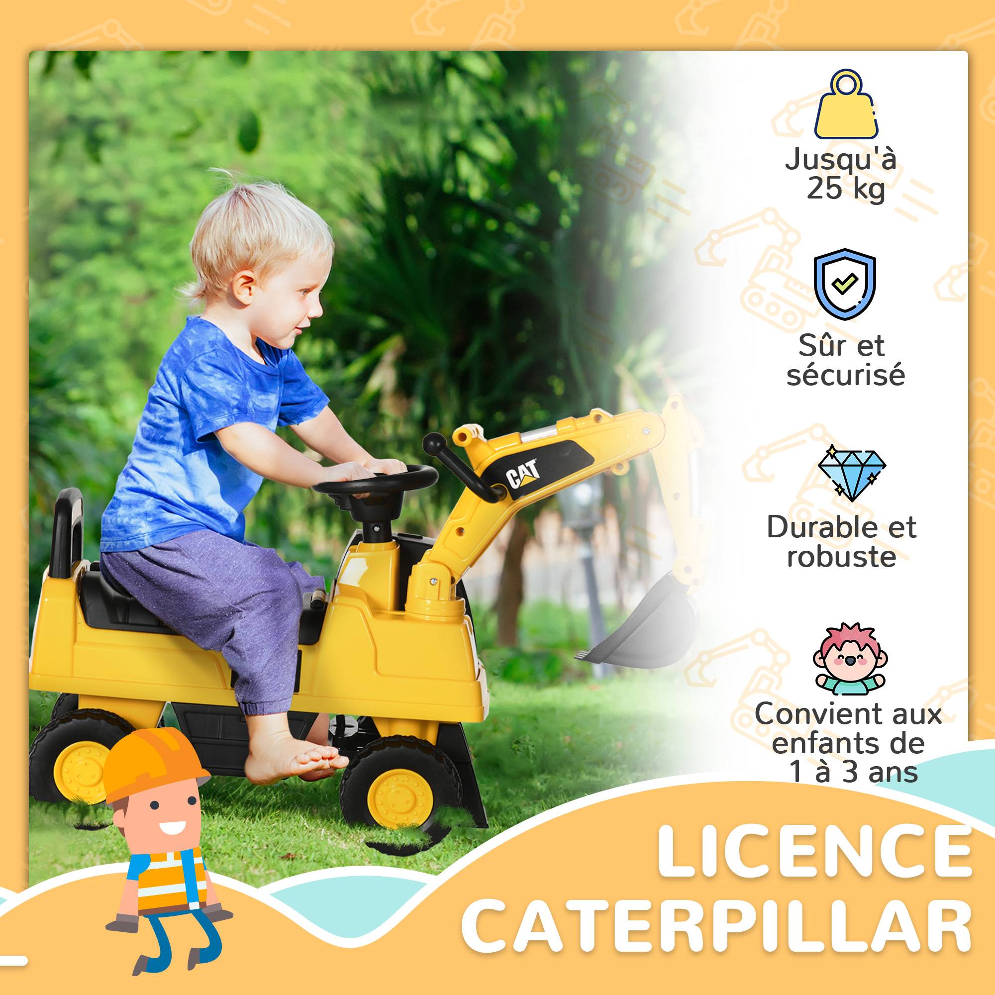 Tractopelle enfant sous licence CAT, porteur enfant, pelle manuelle, klaxon et rangement caché, 85x27,5x47,5cm, jaune - Image 6
